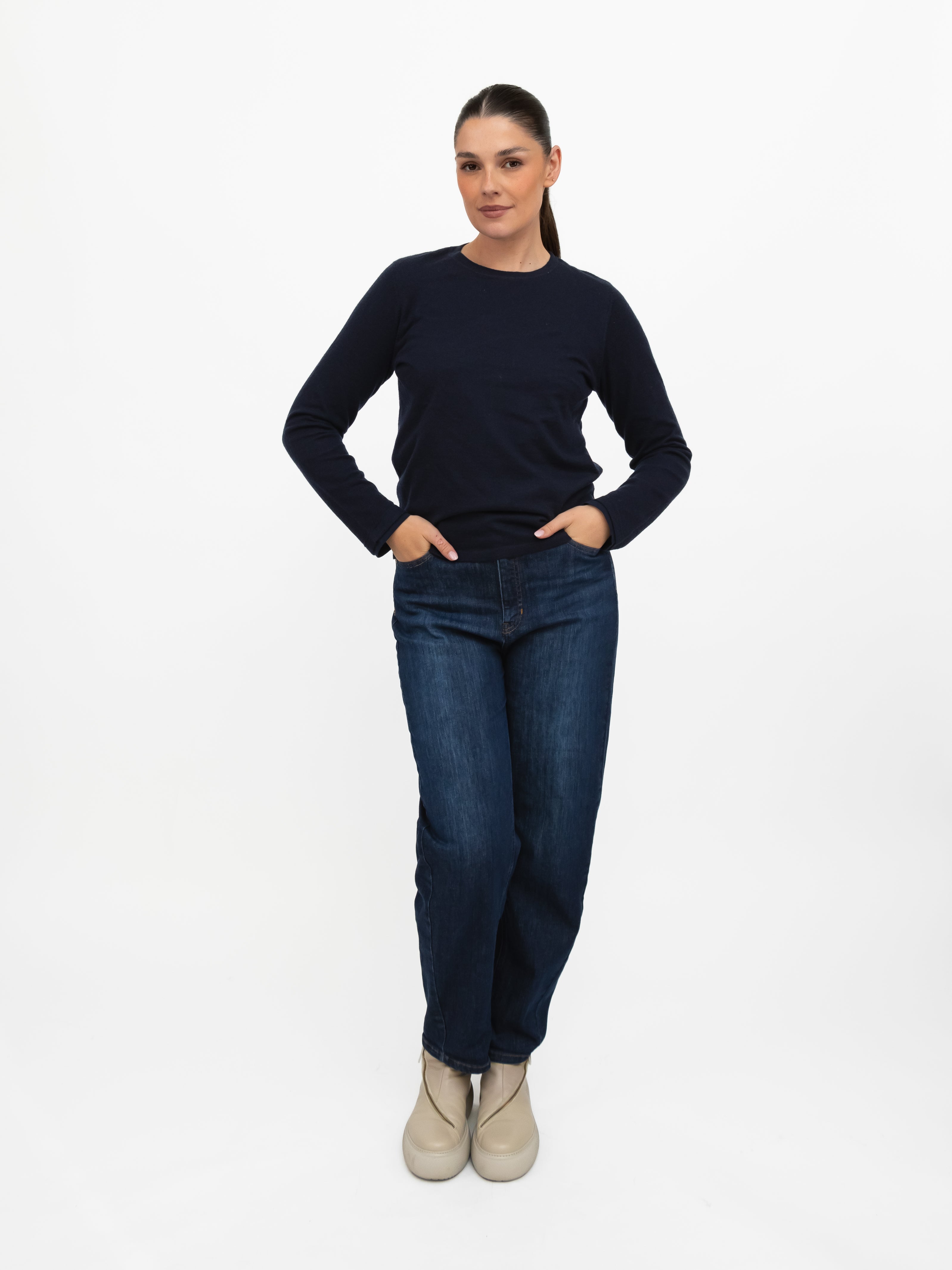 Majestic Filatures T-Shirt Round Neck Long Sleeve Double Layered Tee in Navy