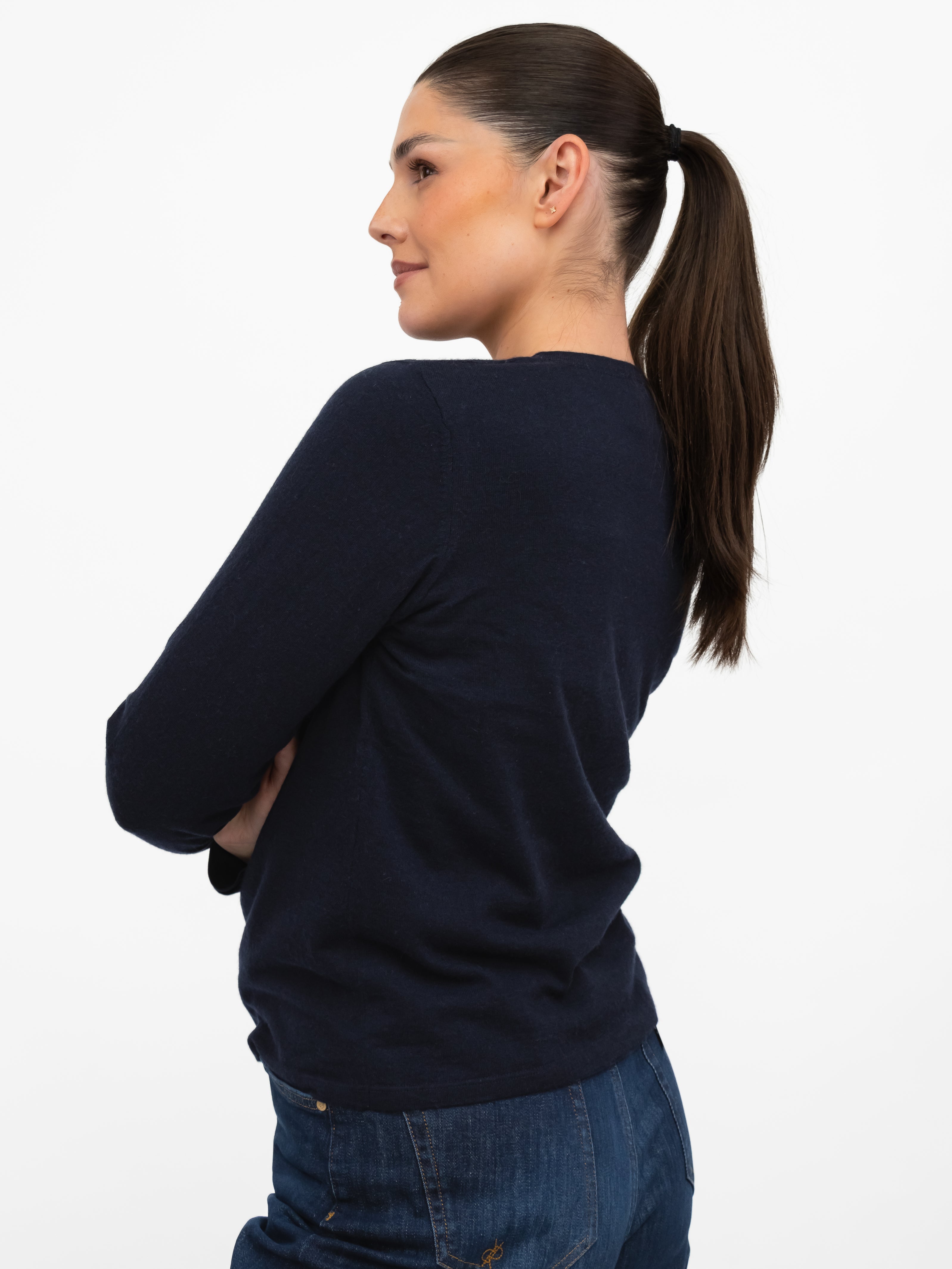 Majestic Filatures T-Shirt Round Neck Long Sleeve Double Layered Tee in Navy