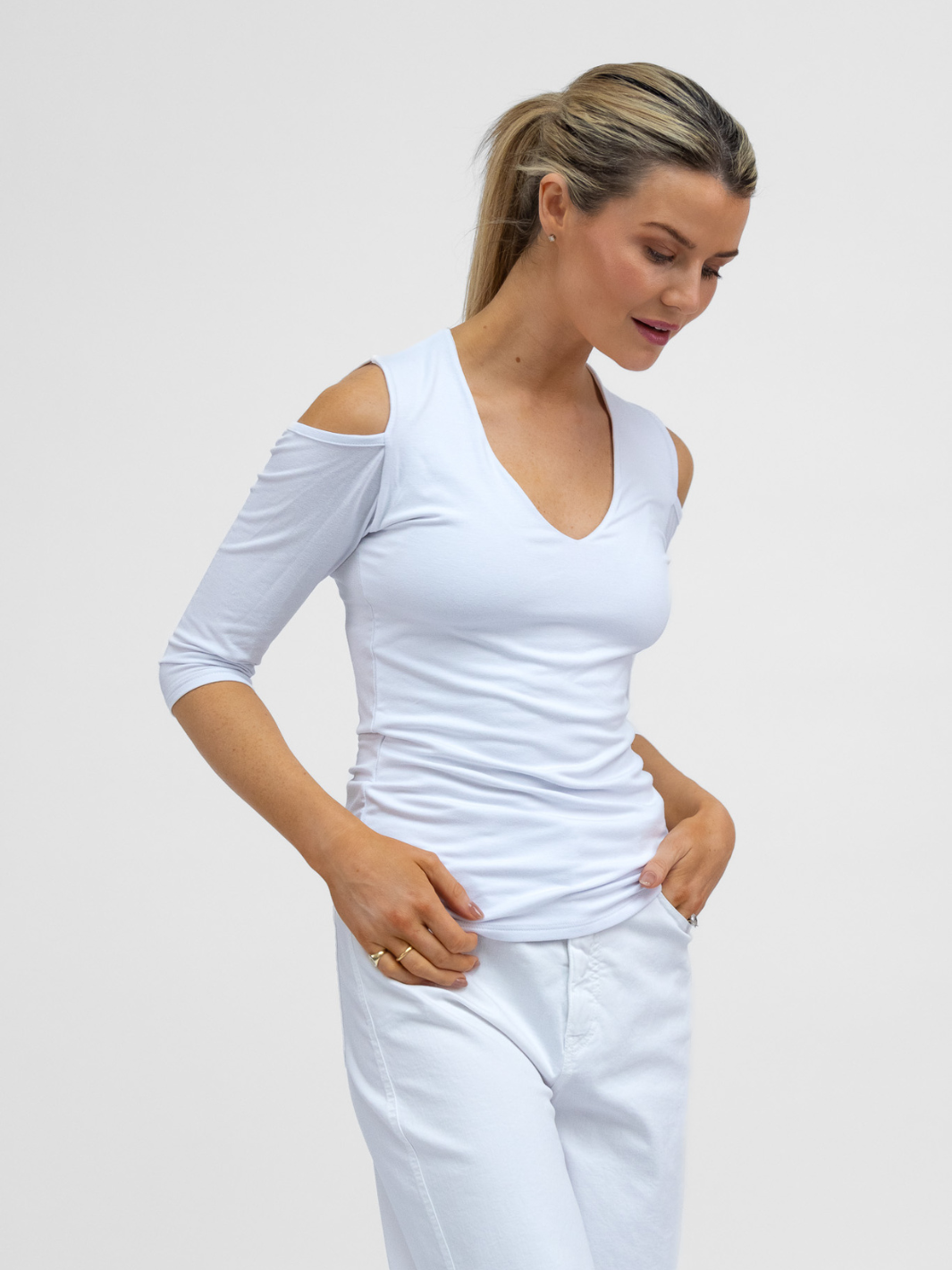 Majestic Filatures Top Cold Shoulder Top In Soft White