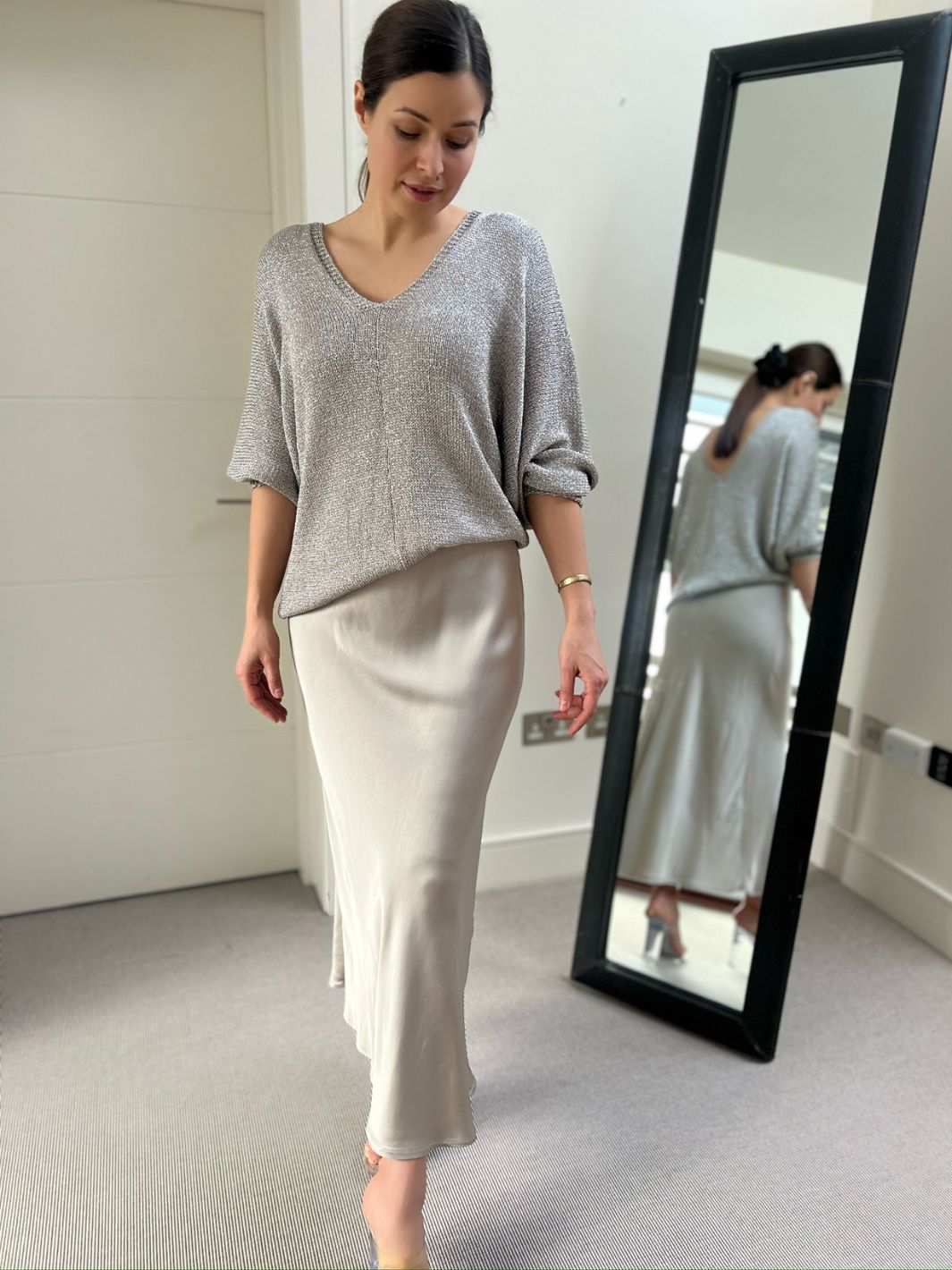Natacha Satin Bias Cut long Skirt in Oyster