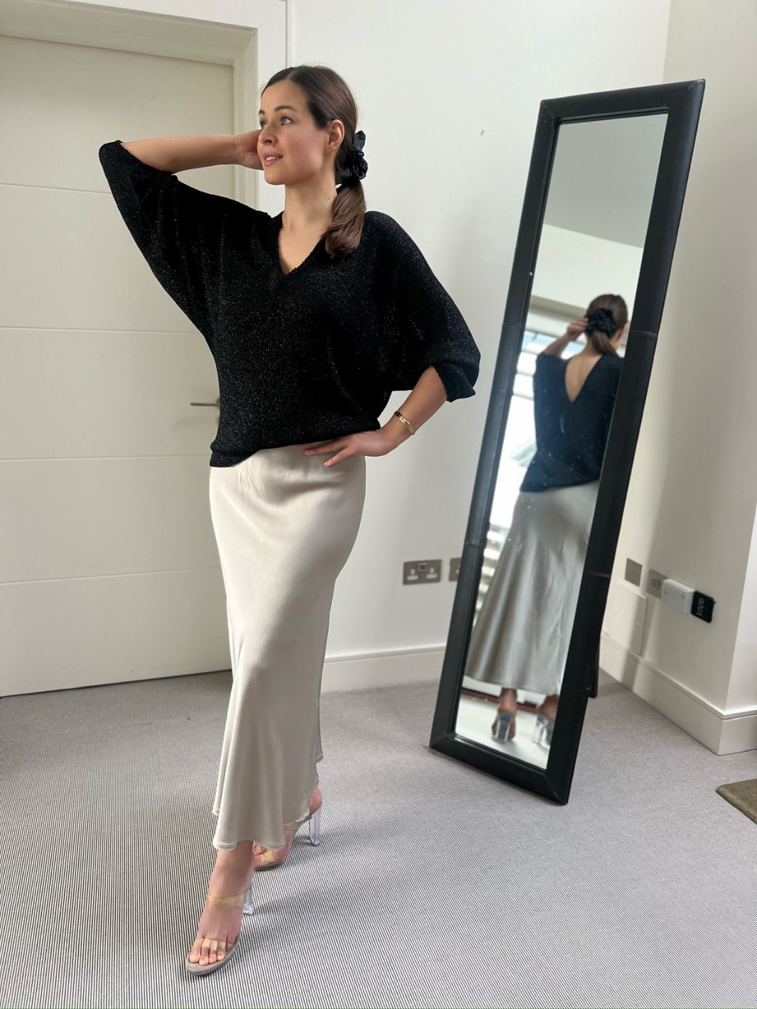 Natacha Satin Bias Cut long Skirt in Oyster