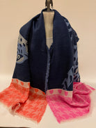 Ombré London Scarf One Size Classic french navy, with orange & Pink Check 
Fringe trim