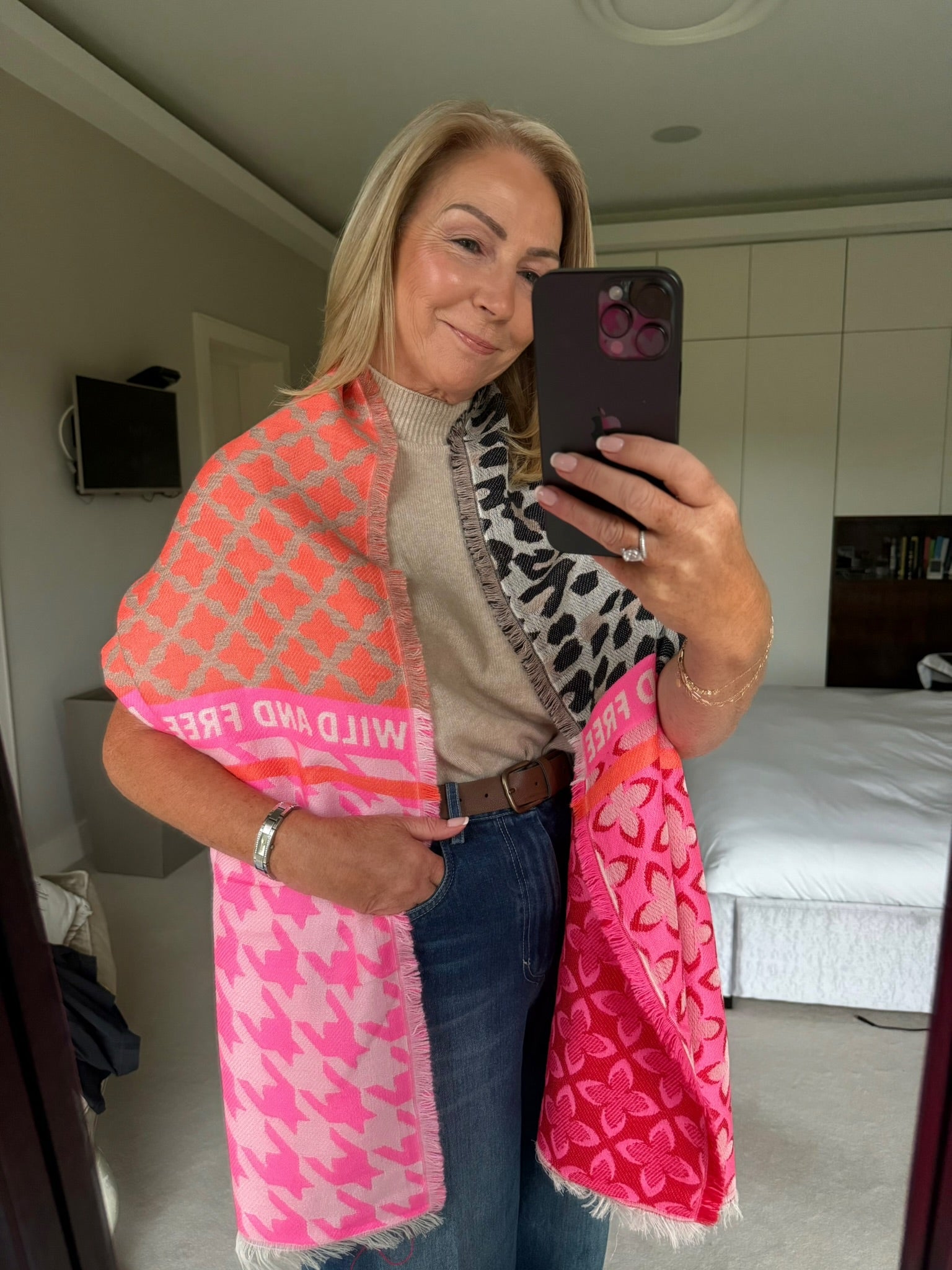 Ombré London Scarf One Size “Wild & Free in pinks , orange & leopard