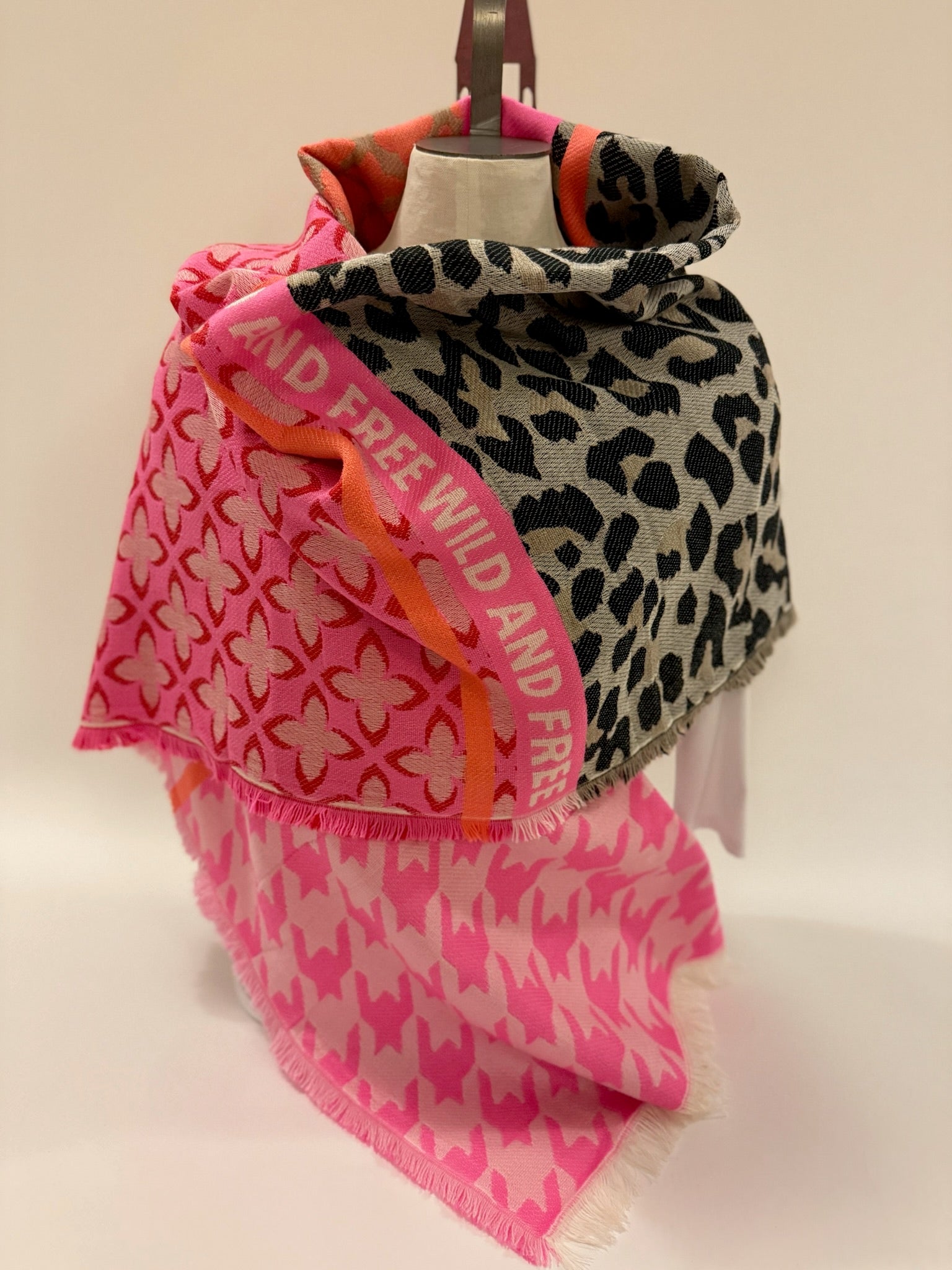 Ombré London Scarf One Size “Wild & Free in pinks , orange & leopard
