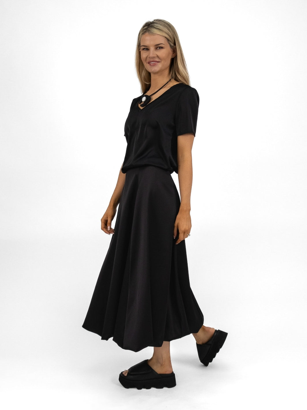 The Italian Collection Skirt Tulip A Line Satin Skirt In Black From The Italian Collection