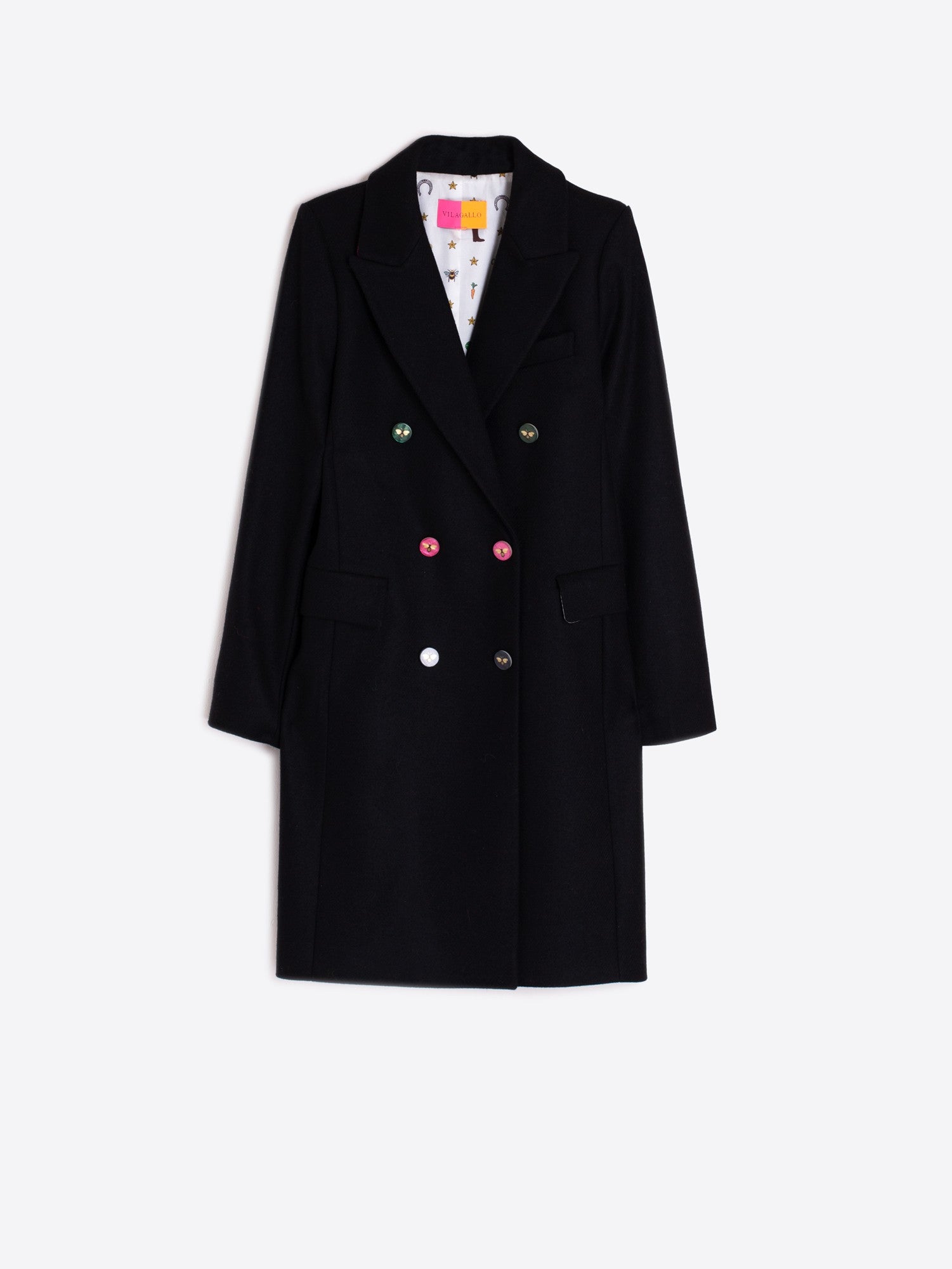 Vilagallo Coat Black Wool Blend Coat With Bee Buttons