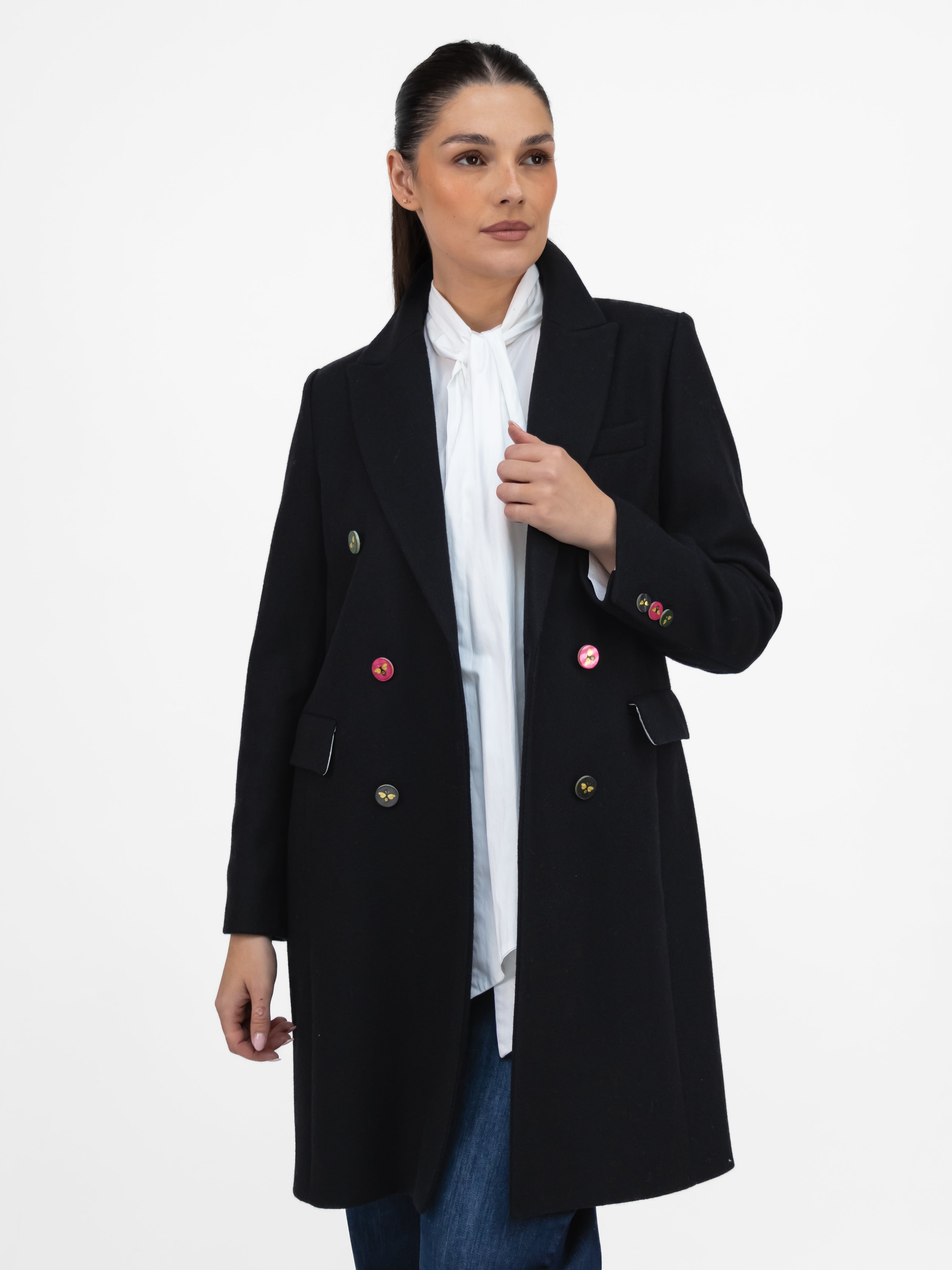 Vilagallo Coat Black Wool Blend Coat With Bee Buttons