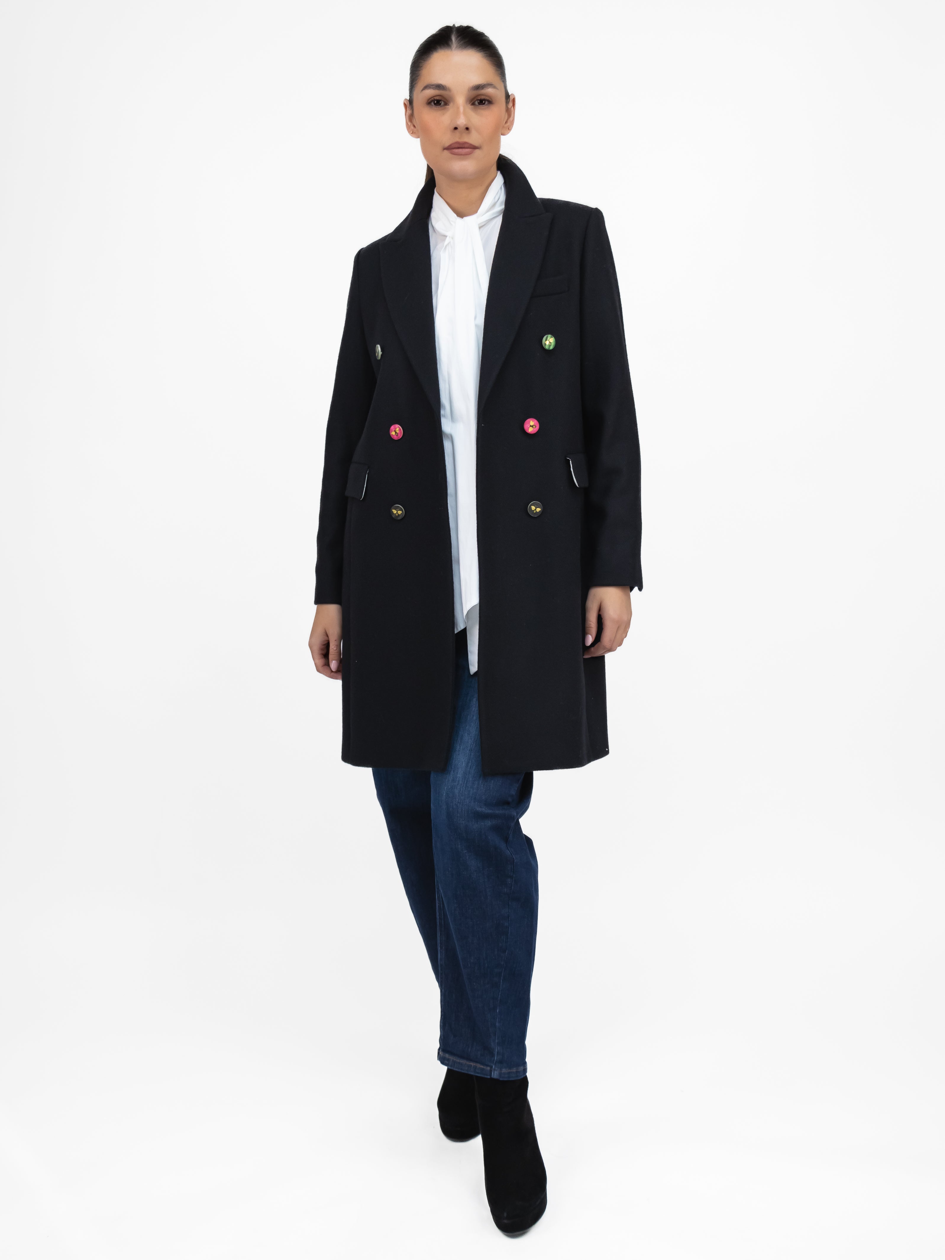 Vilagallo Coat Black Wool Blend Coat With Bee Buttons