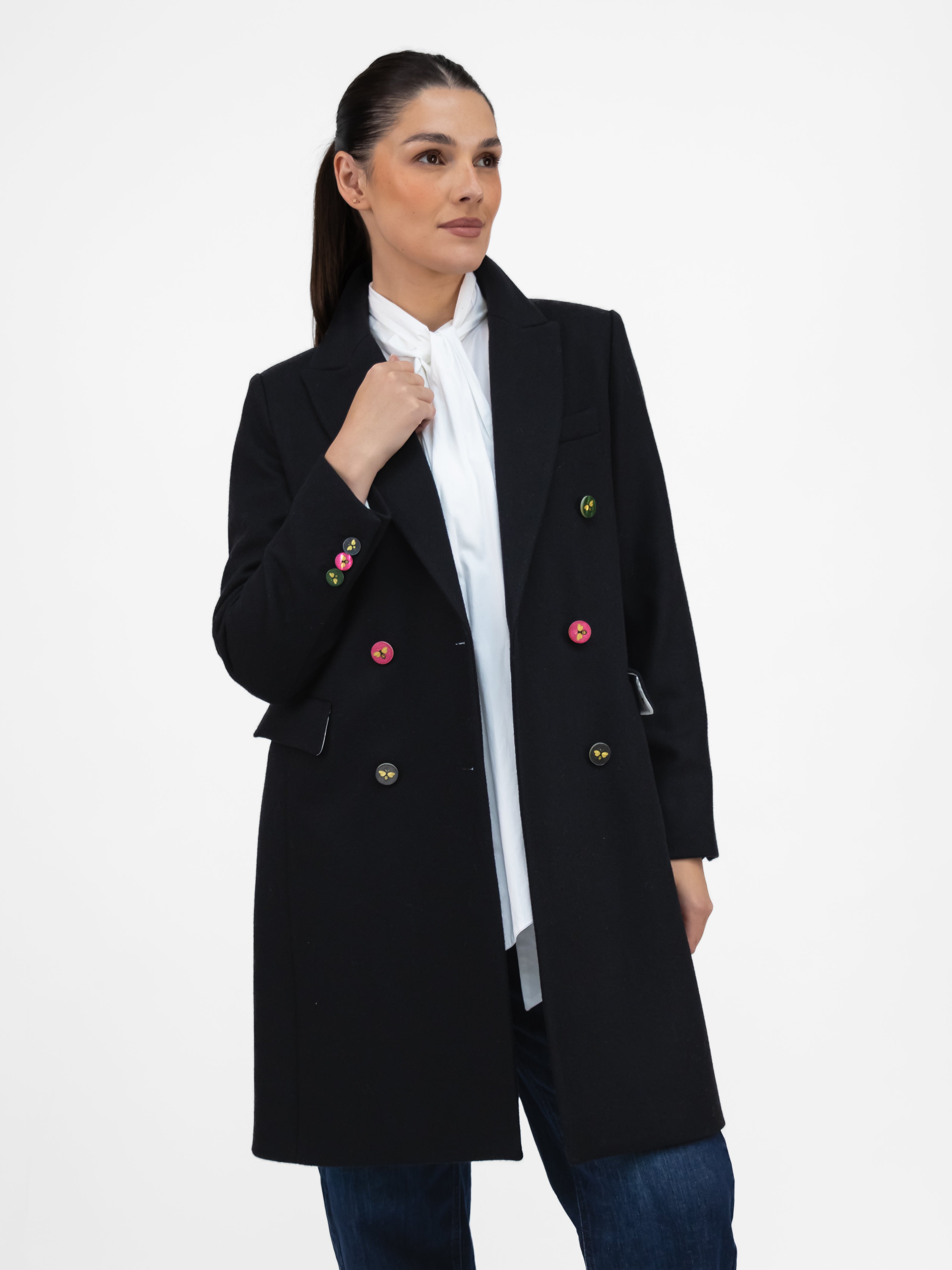 Vilagallo Coat Black Wool Blend Coat With Bee Buttons
