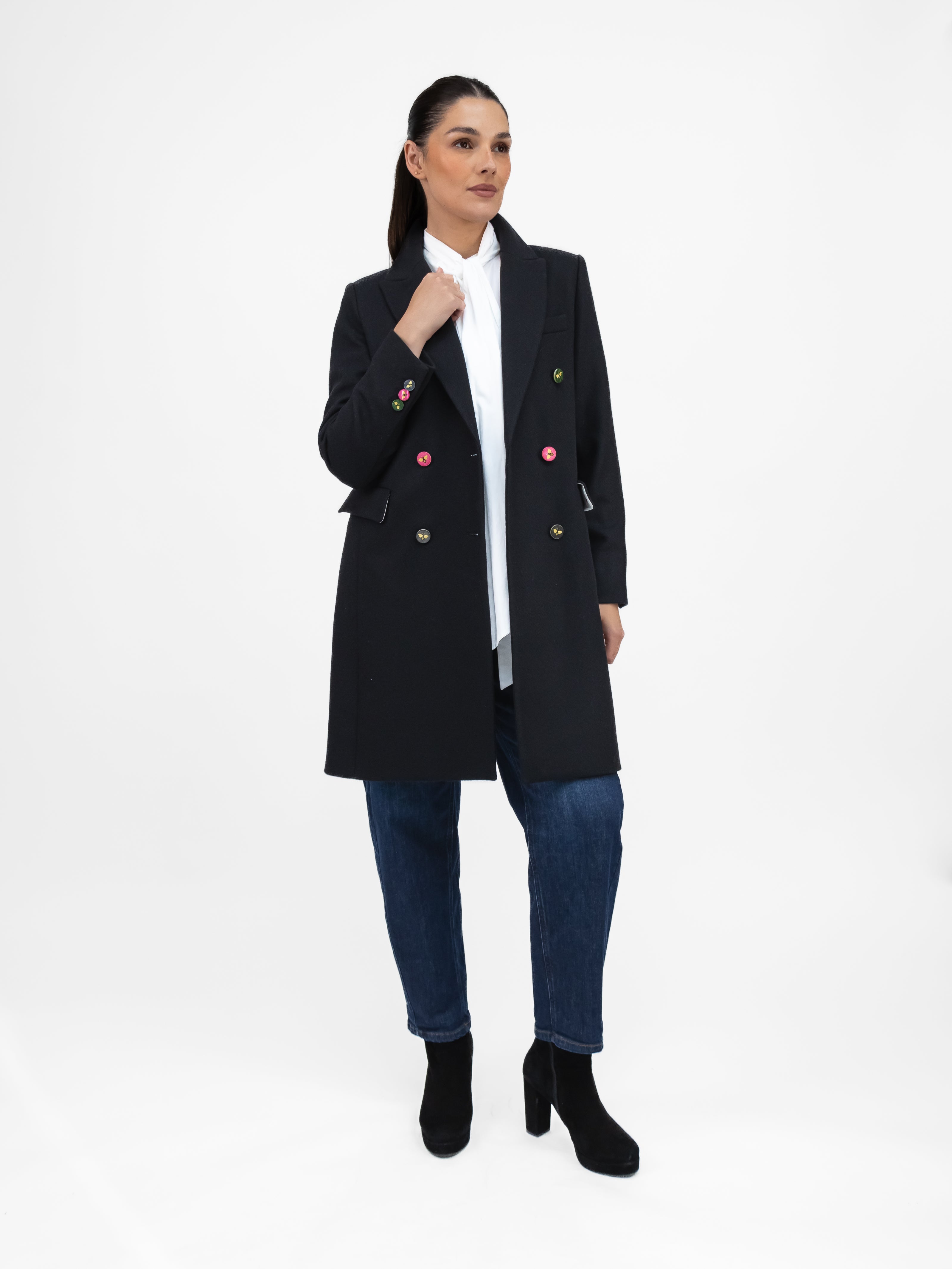 Vilagallo Coat Black Wool Blend Coat With Bee Buttons