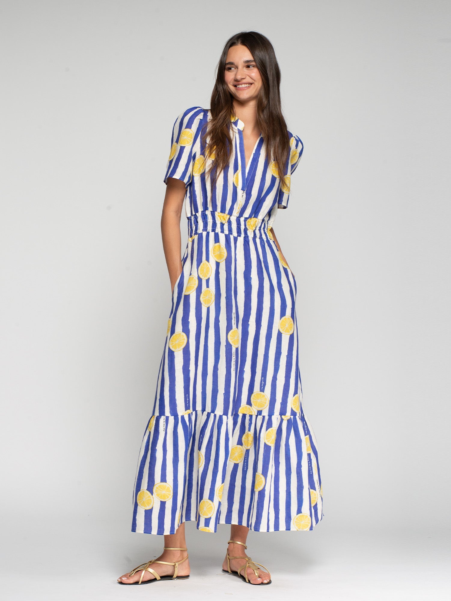 Vilagallo Dress Leila Linen Maxi Dress in Lemonade Print