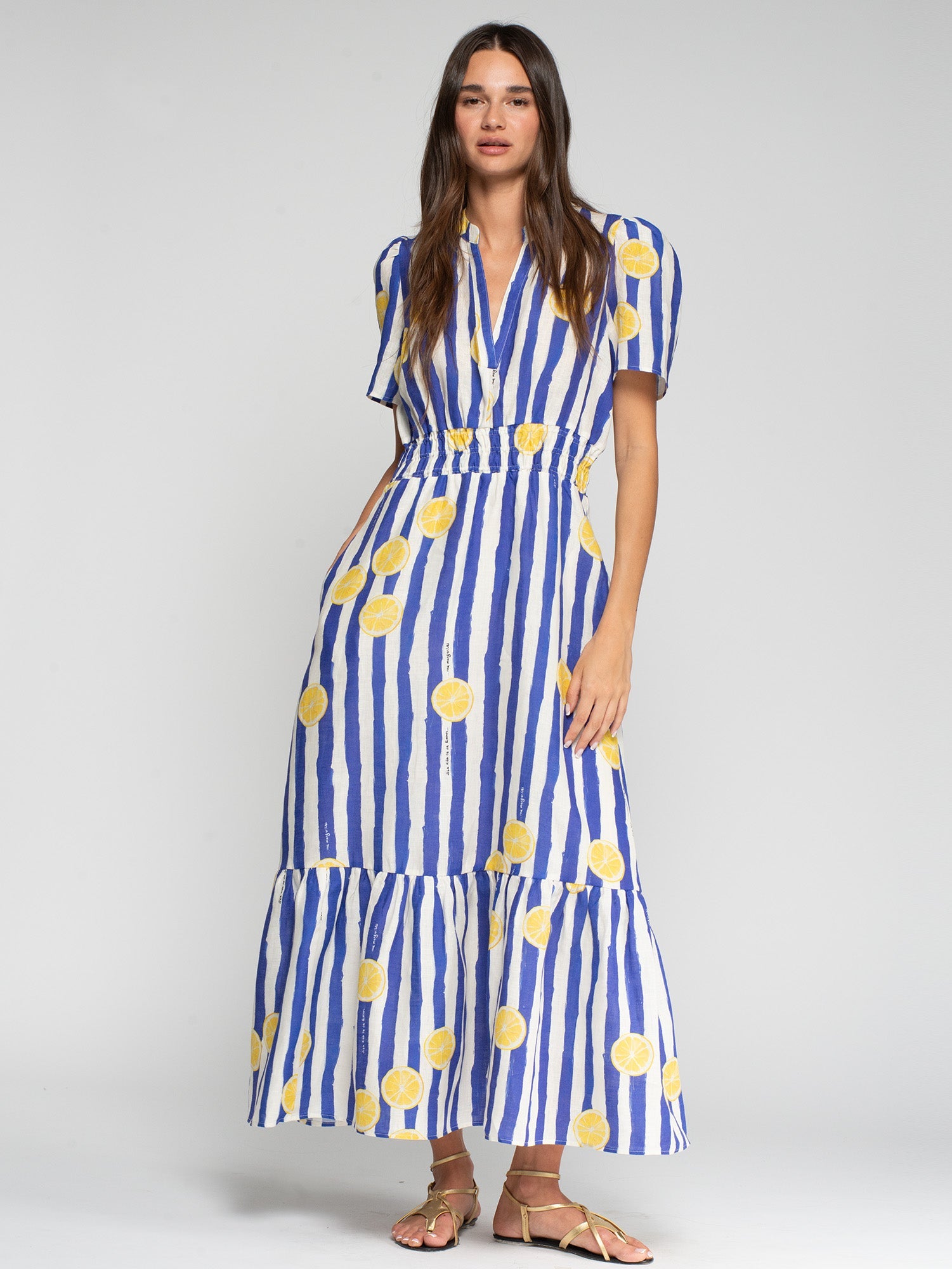 Vilagallo Dress Leila Linen Maxi Dress in Lemonade Print