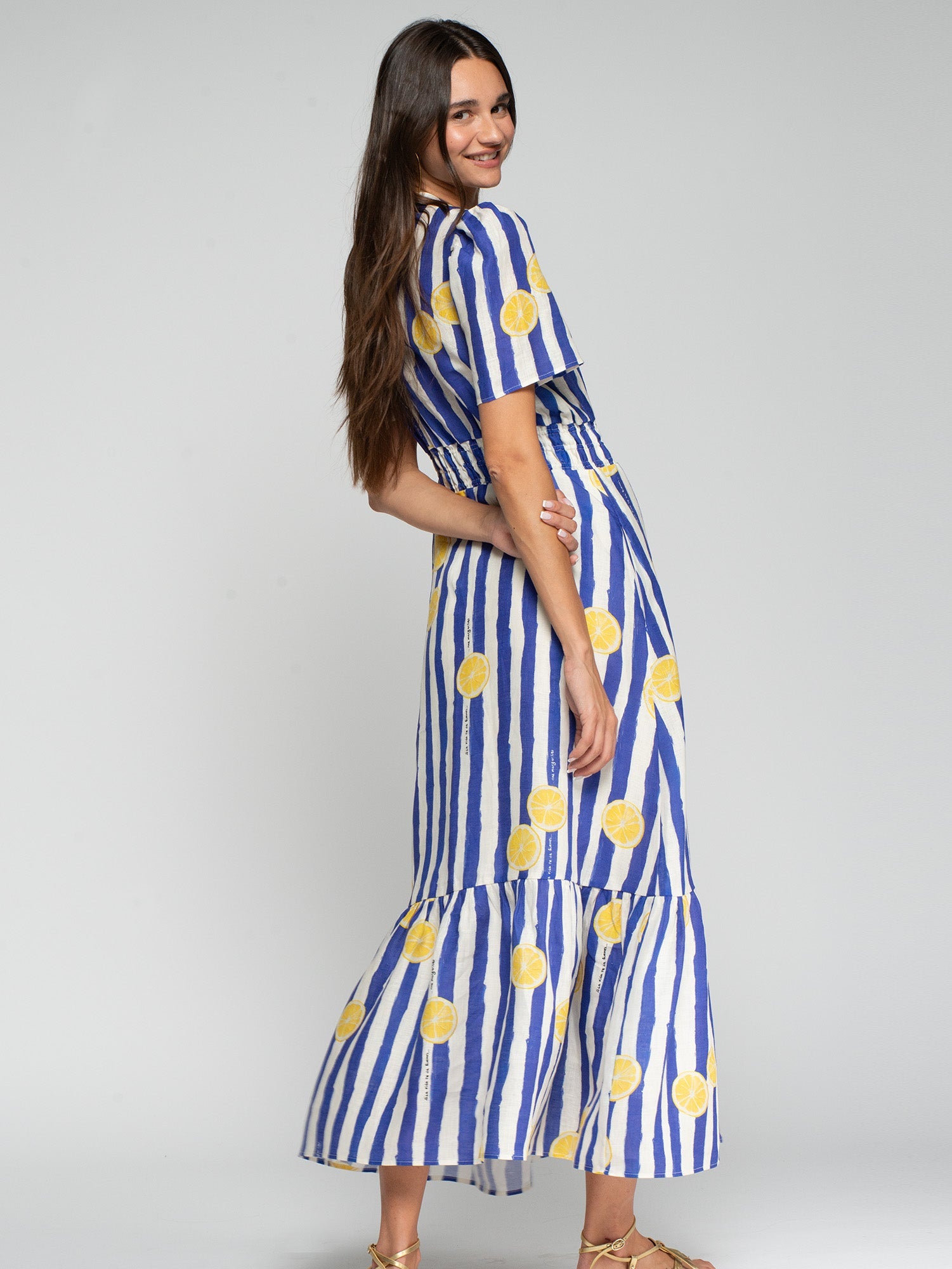 Vilagallo Dress Leila Linen Maxi Dress in Lemonade Print