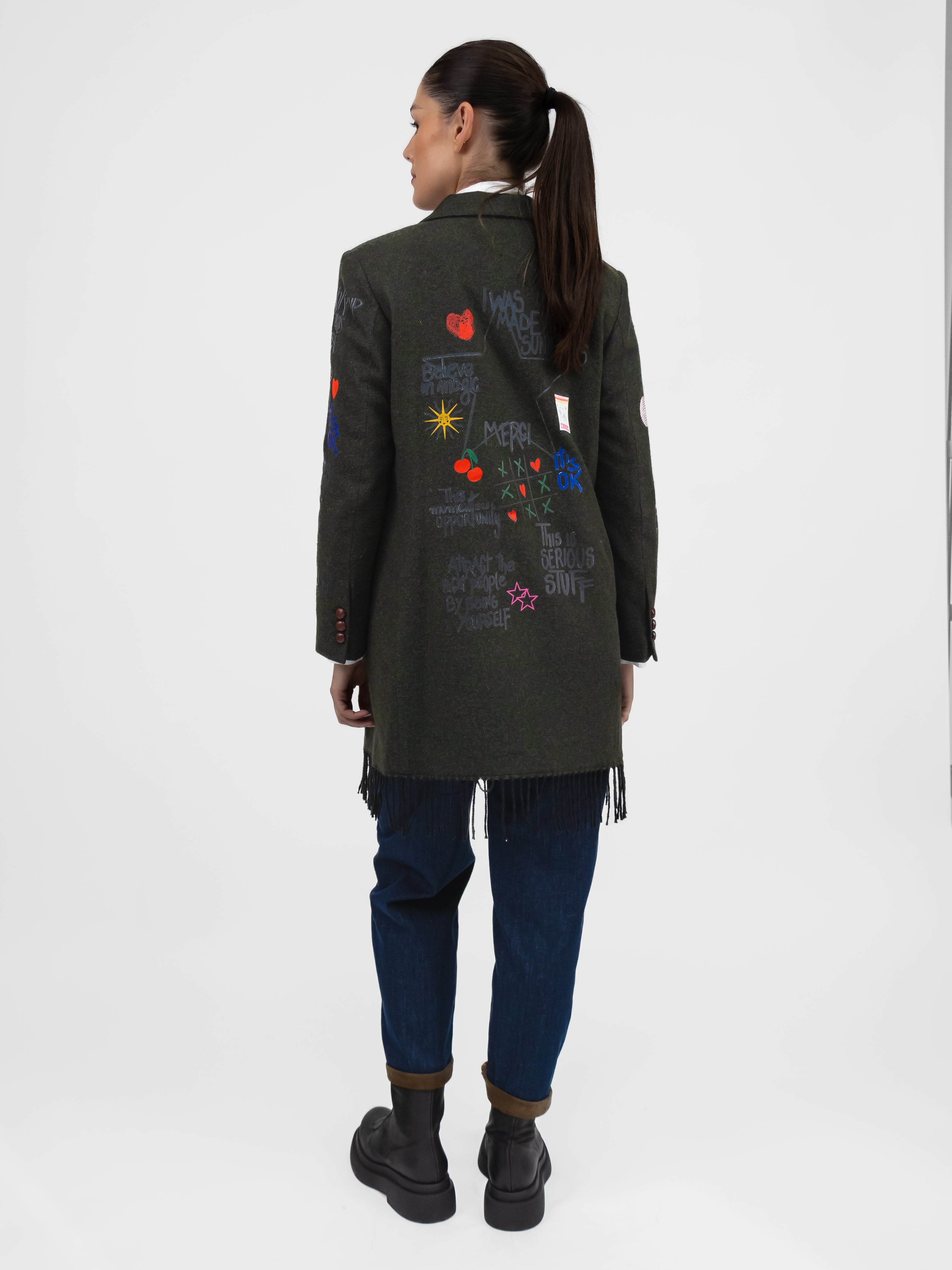 Vilagallo Jacket Amalia Graffiti Green Longline Blazer with Fringe