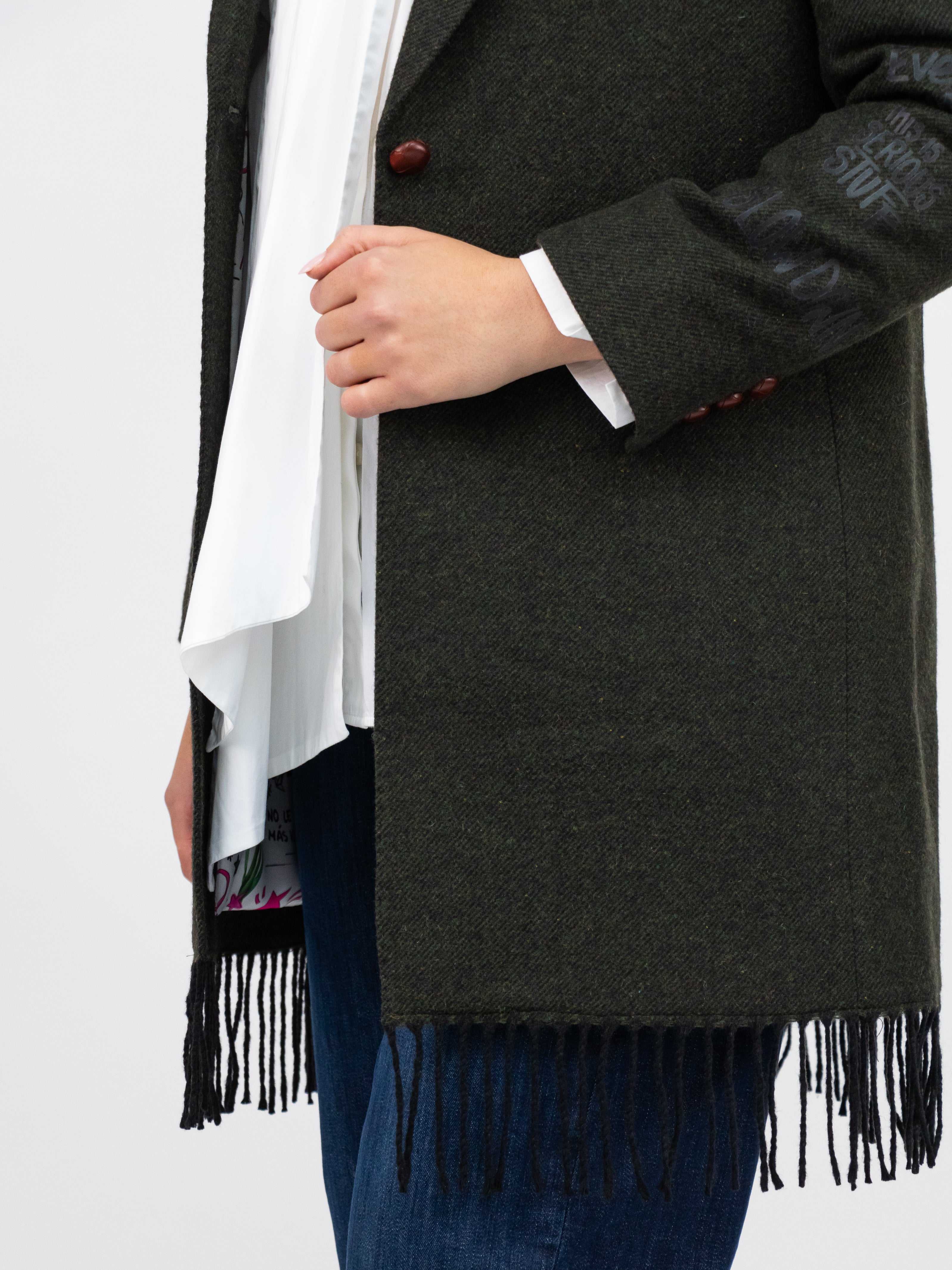 Vilagallo Jacket Amalia Graffiti Green Longline Blazer with Fringe