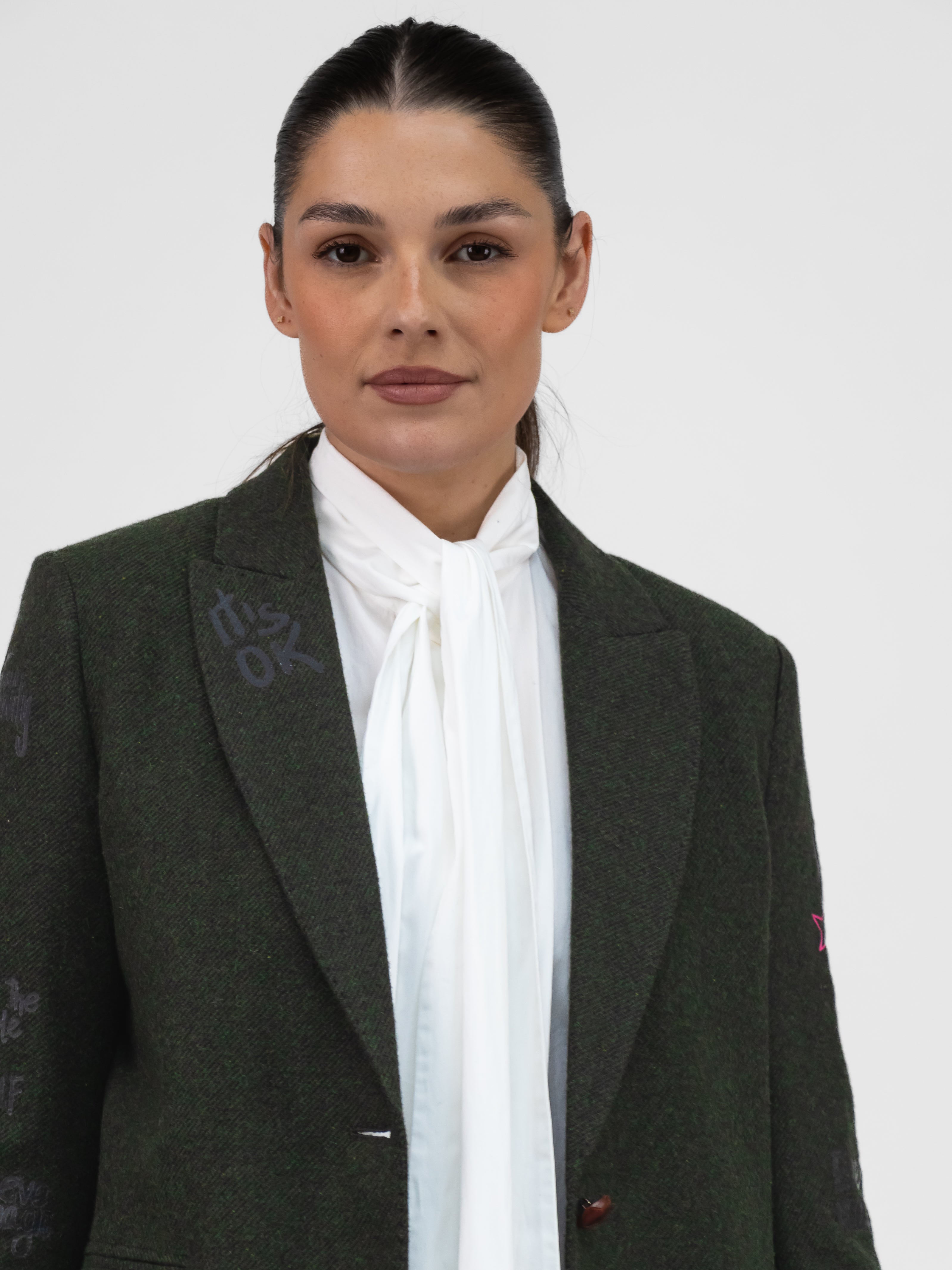 Vilagallo Jacket Amalia Graffiti Green Longline Blazer with Fringe