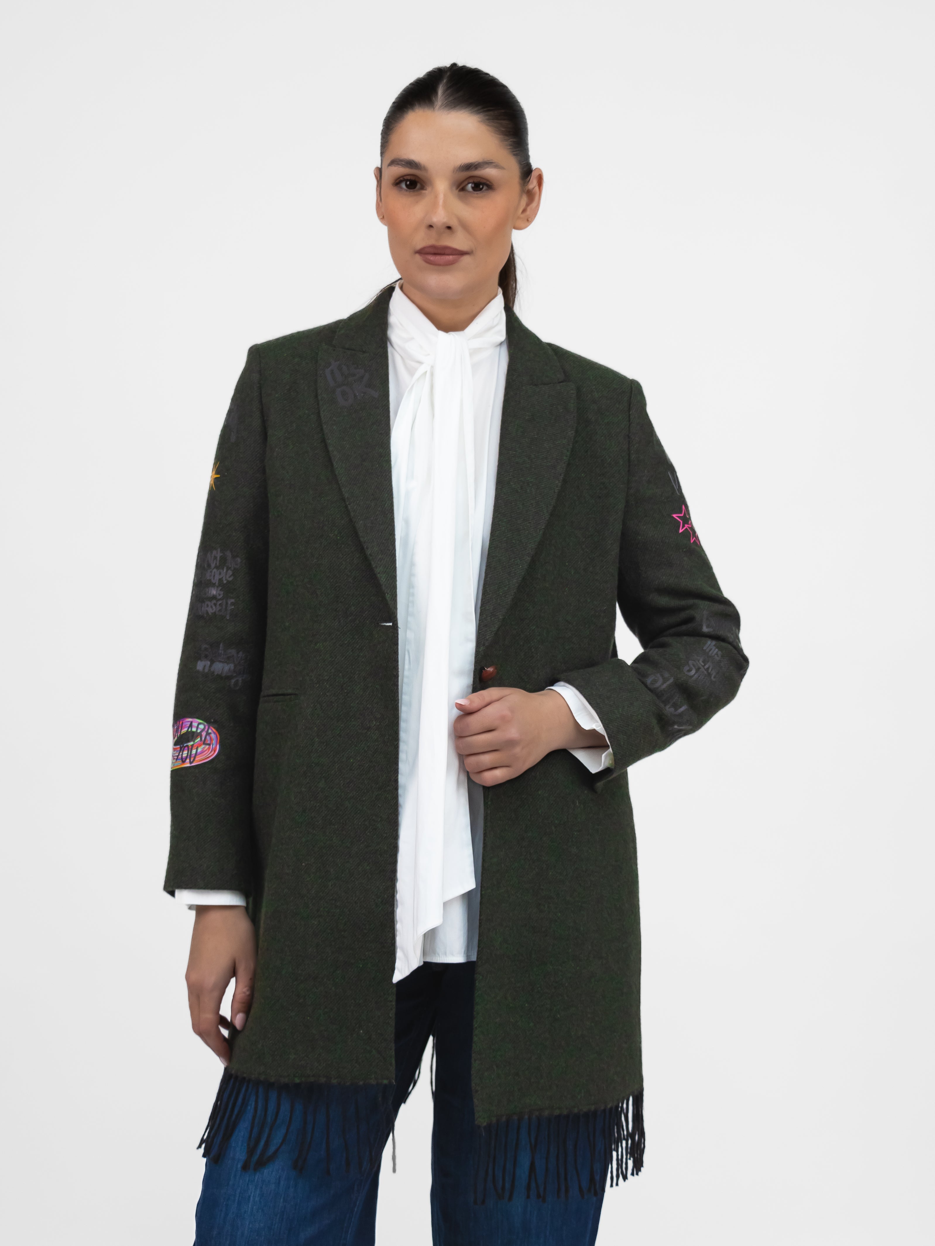 Vilagallo Jacket Amalia Graffiti Green Longline Blazer with Fringe