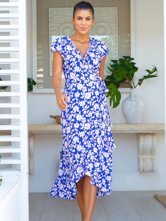 Aspiga Dress Demi EcoVero Wrap Dress in Blossom Cobalt/Pink