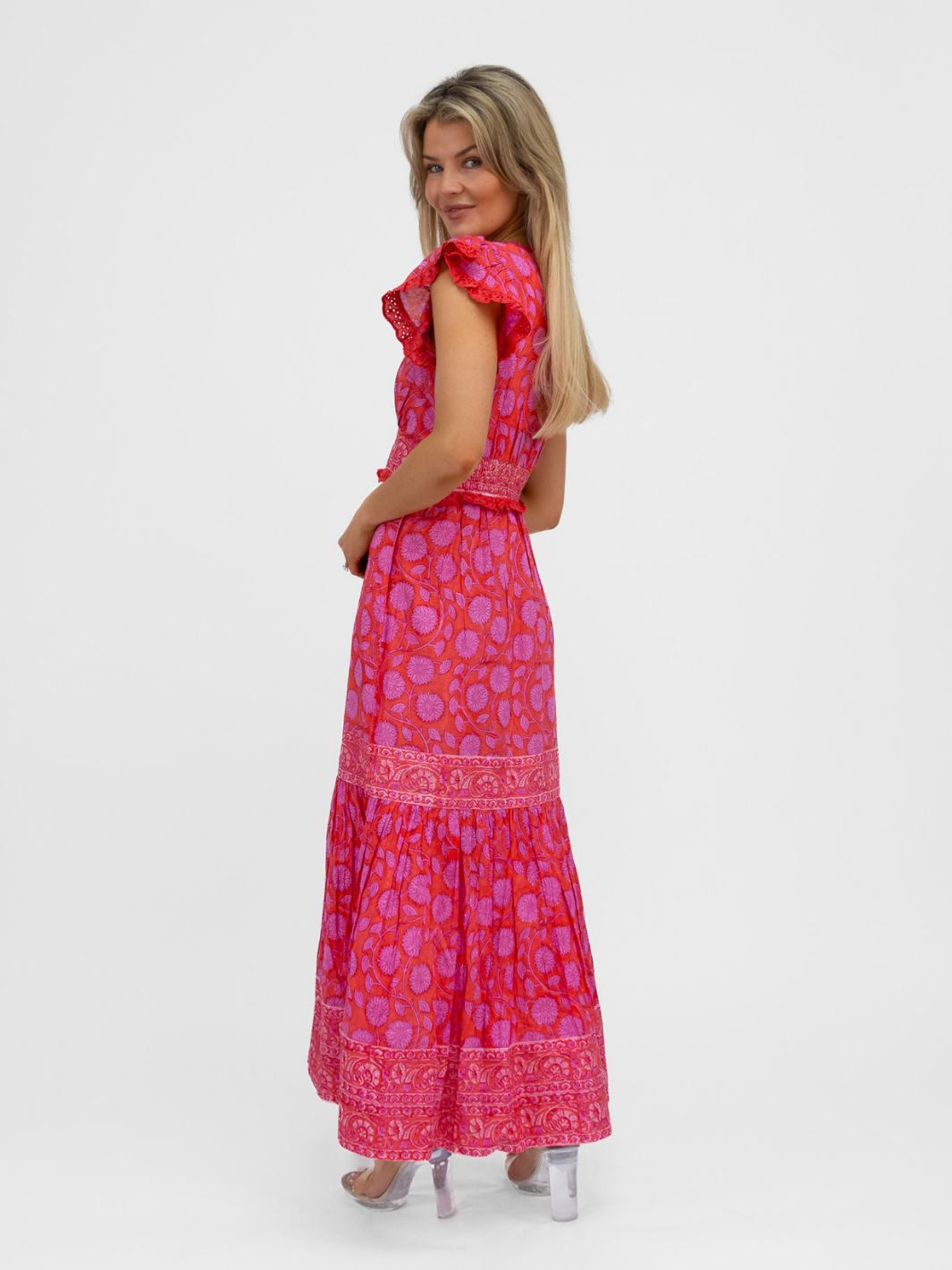 Aspiga Dress Pippa Cotton Dress In Red Pink Block Print From Aspiga