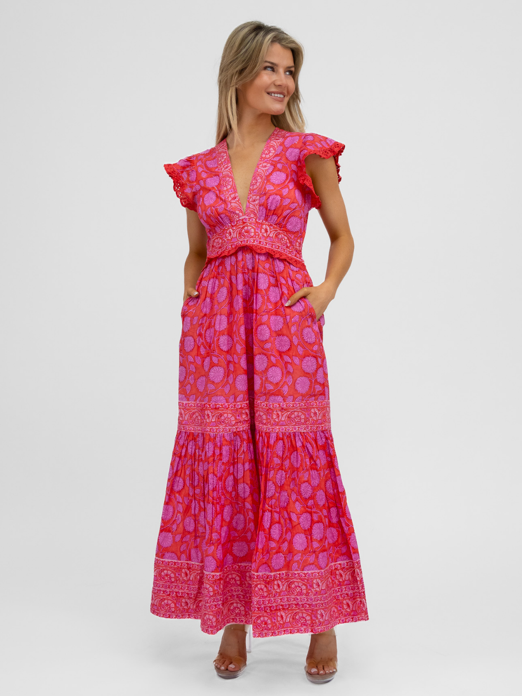 Aspiga Dress Pippa Cotton Dress In Red Pink Block Print From Aspiga