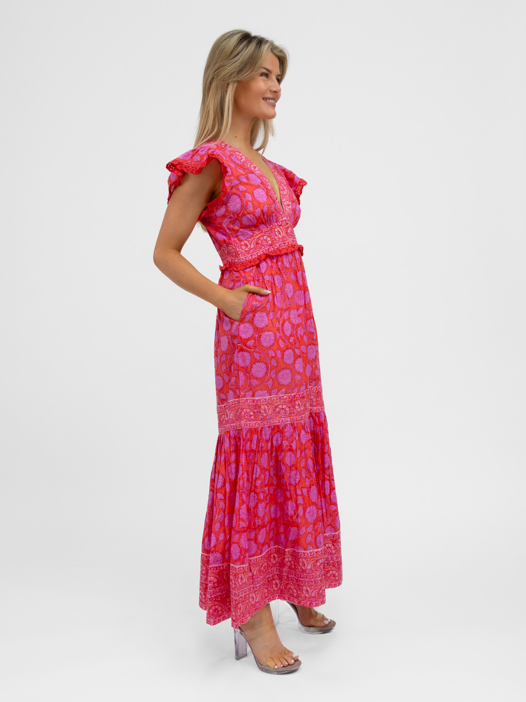 Aspiga Dress Pippa Cotton Dress In Red Pink Block Print From Aspiga