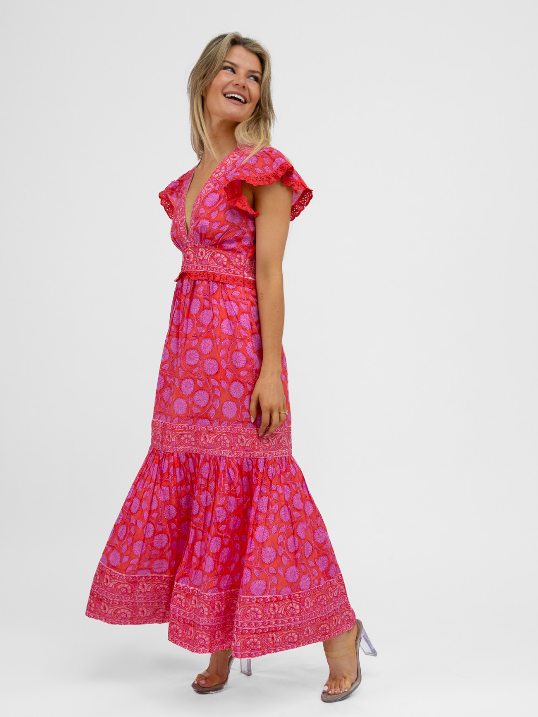 Aspiga Dress Pippa Cotton Dress In Red Pink Block Print From Aspiga