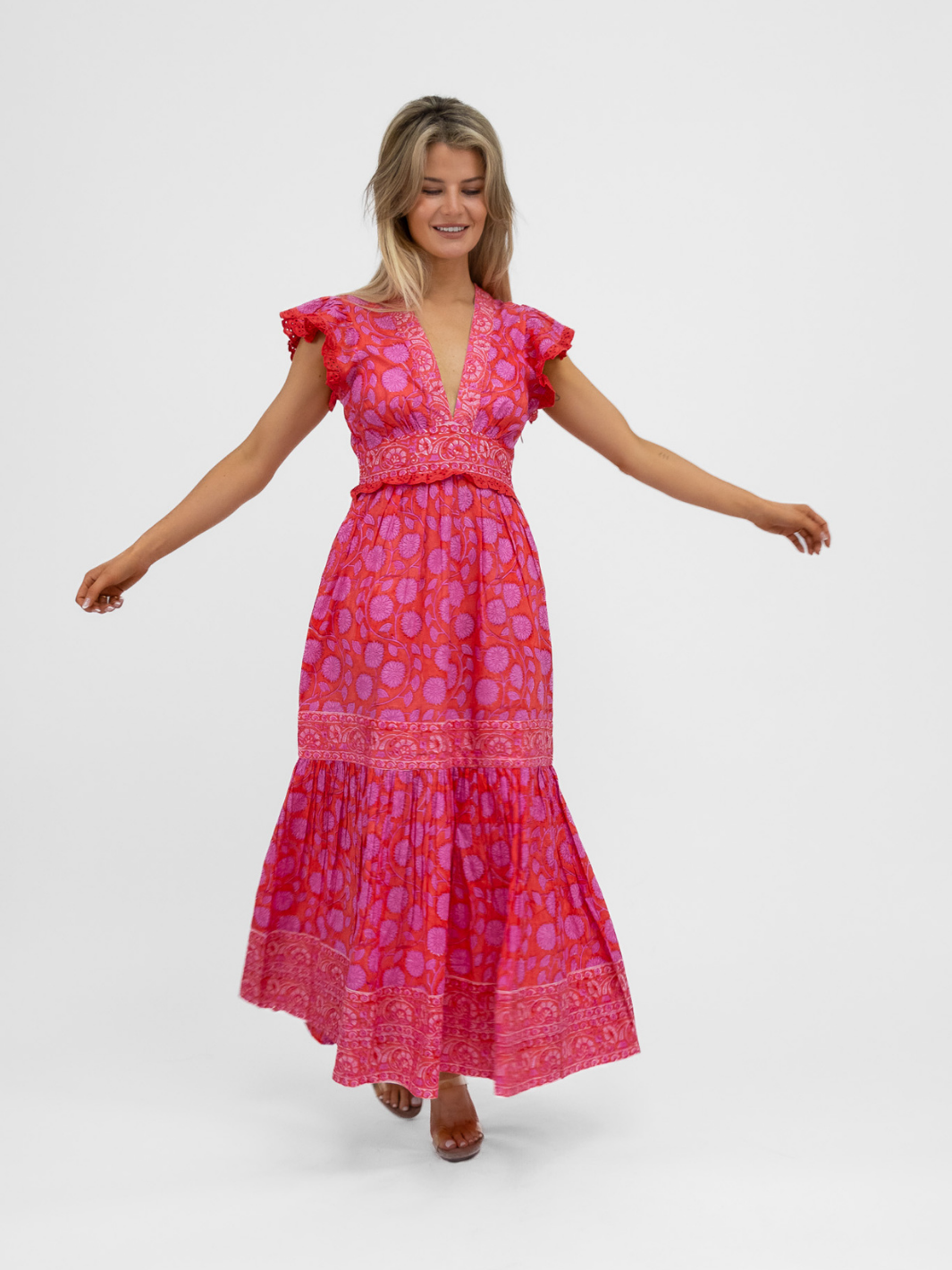 Aspiga Dress Pippa Cotton Dress In Red Pink Block Print From Aspiga