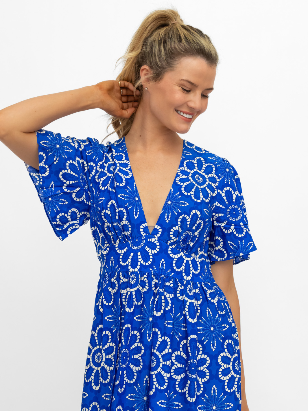Aspiga Dress Sylvie EcoVero Dress in Lace Floral Cobalt/White