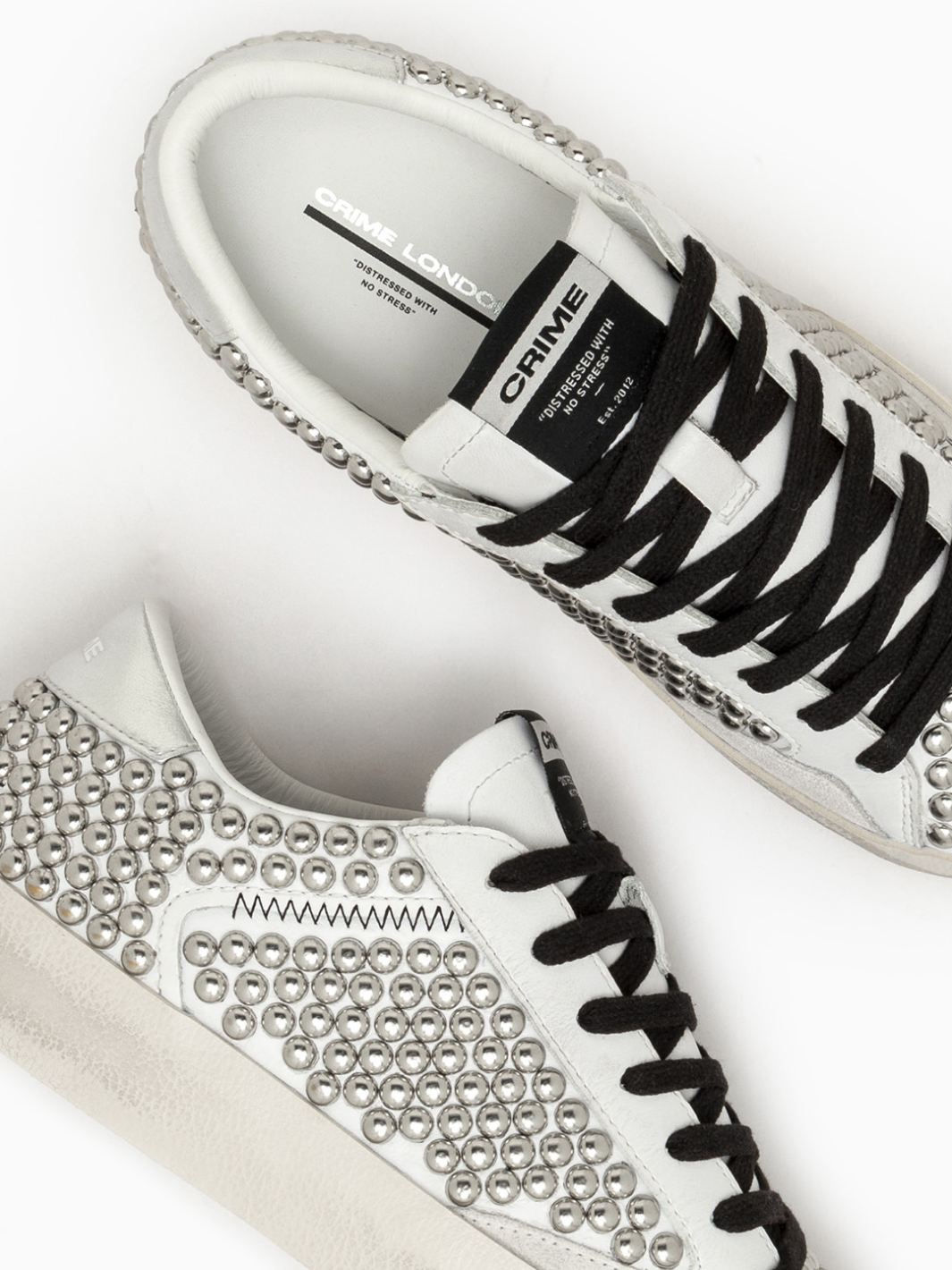 Crime London Footwear Studded Distressed Camden Punk Crime Sneakers runner runners spring summer winter autumn diffusion by Kate black silver white metal studs laces 
