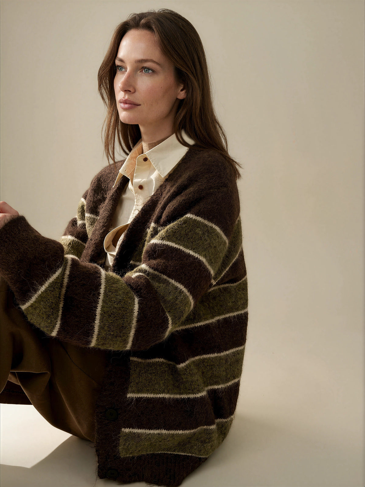 Diffusion by Kate Cardigan One Size Freya Striped Cardigan in Coffee & Olive
