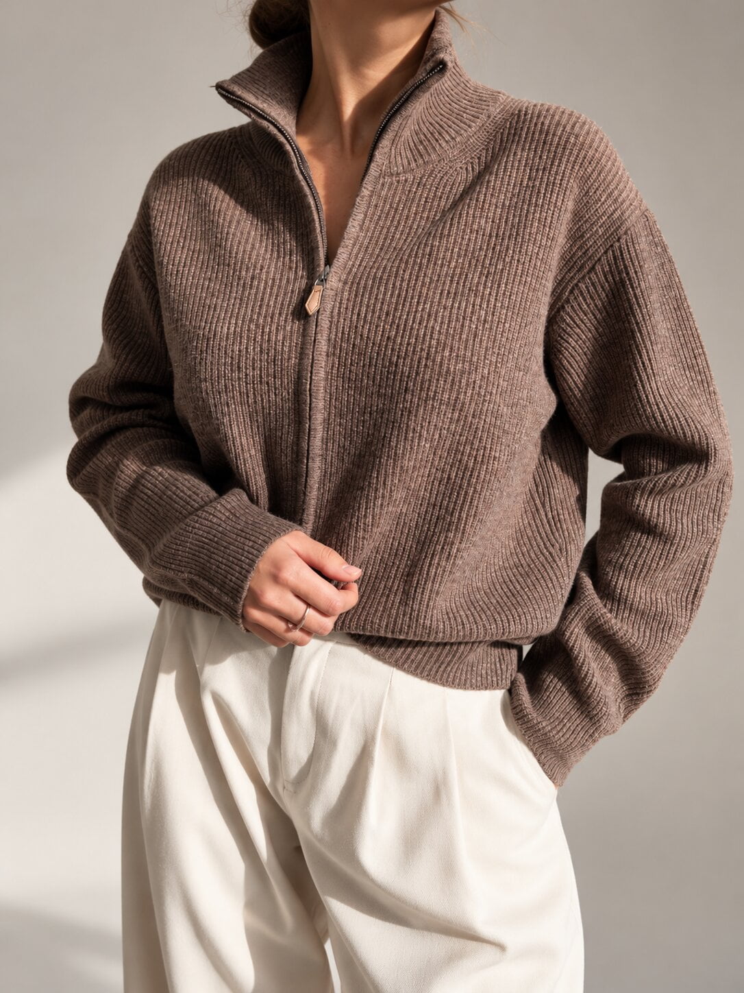 Diffusion by Kate Cardigan Romy Pure Wool Zip Cardigan in Coffee Melange