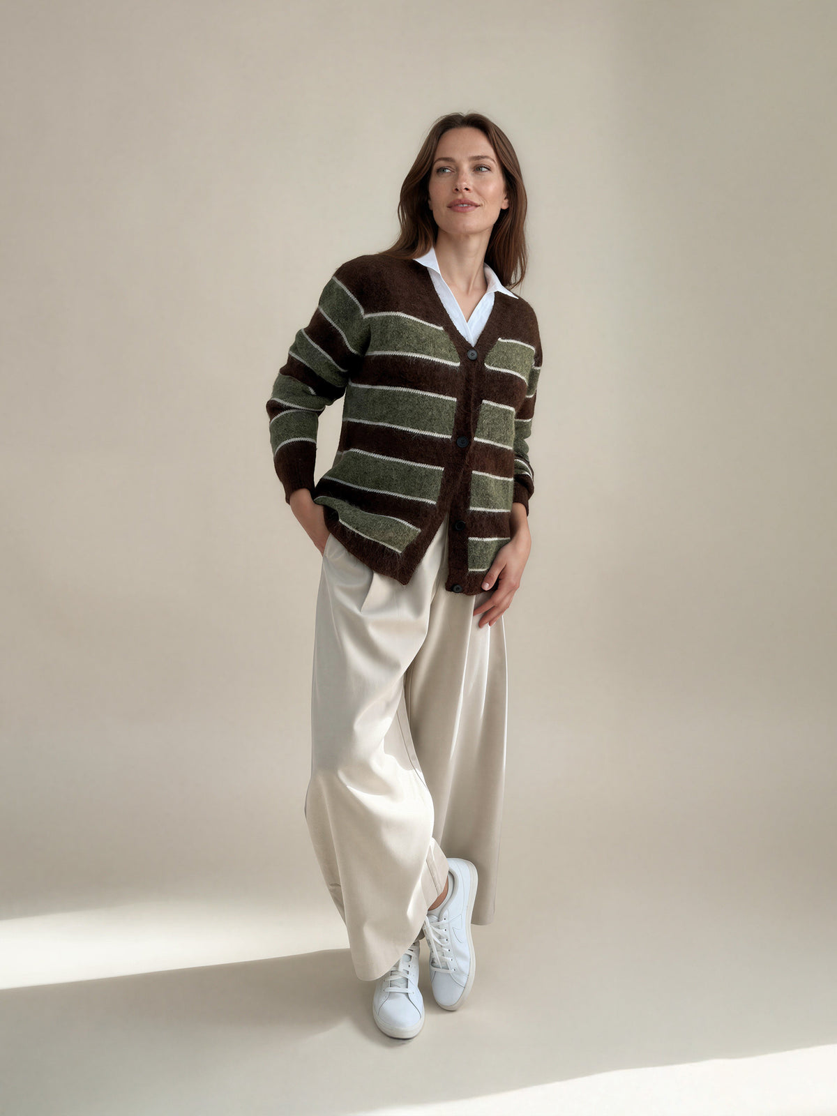 Diffusion by Kate Cardigan One Size Striped Oversize Cardigan in Coffee/Olive Green