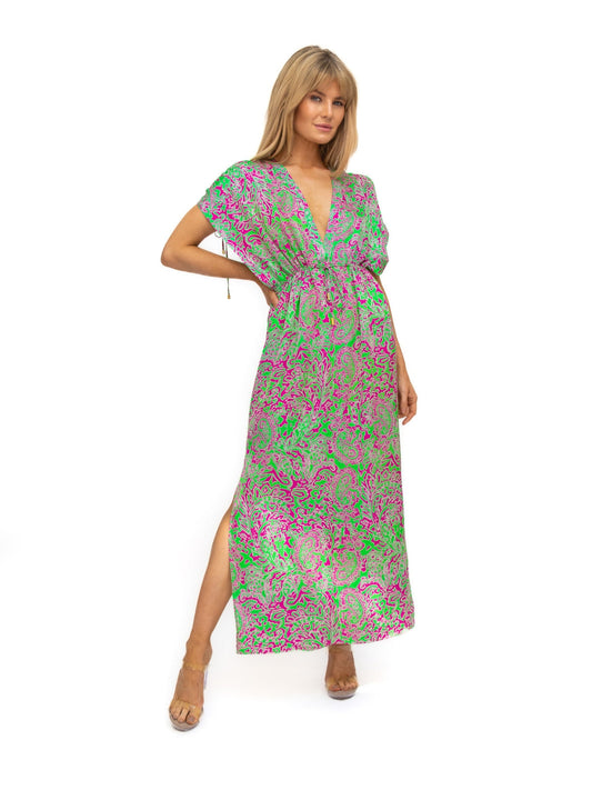 Diffusion by Kate Barbados Maxi Dress In Mint / Fuchsia Pink sleeveless 