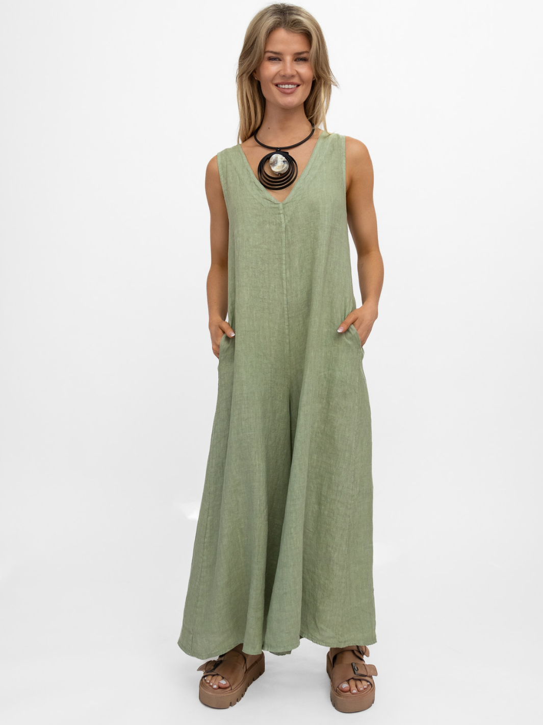 Diffusion By Kate Jumpsuit One Size Linen Jumpsuit In Soft Khaki