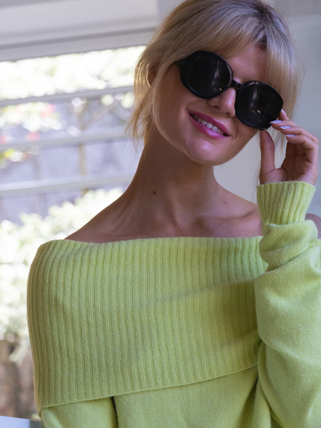 Off The Shoulder Knit Sweater In Soft Lime DIFFUSION.ie