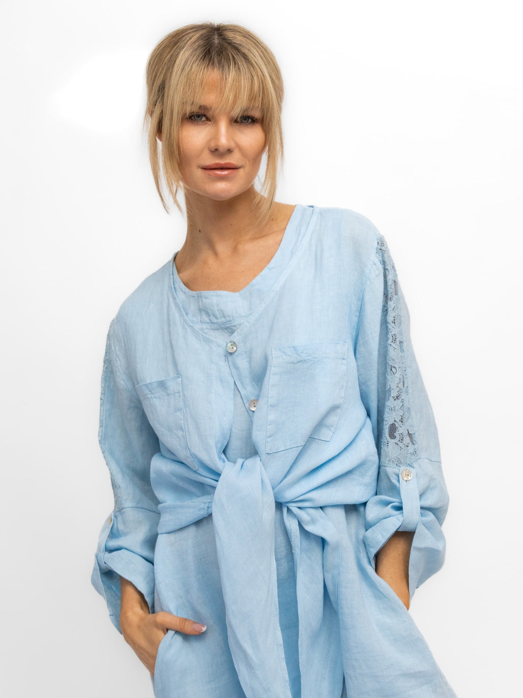 Diffusion by Kate Shirt One Size Linen Shirt with Lace Insert in Blue
