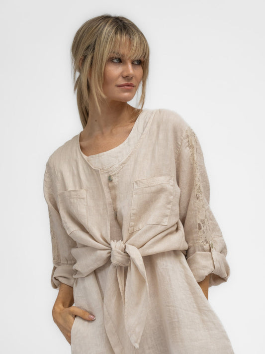 Diffusion by Kate Shirt One Size Linen Shirt with Lace Insert in Sand