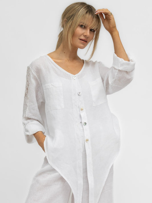 Diffusion by Kate Shirt One Size Linen Shirt with Lace Insert in White