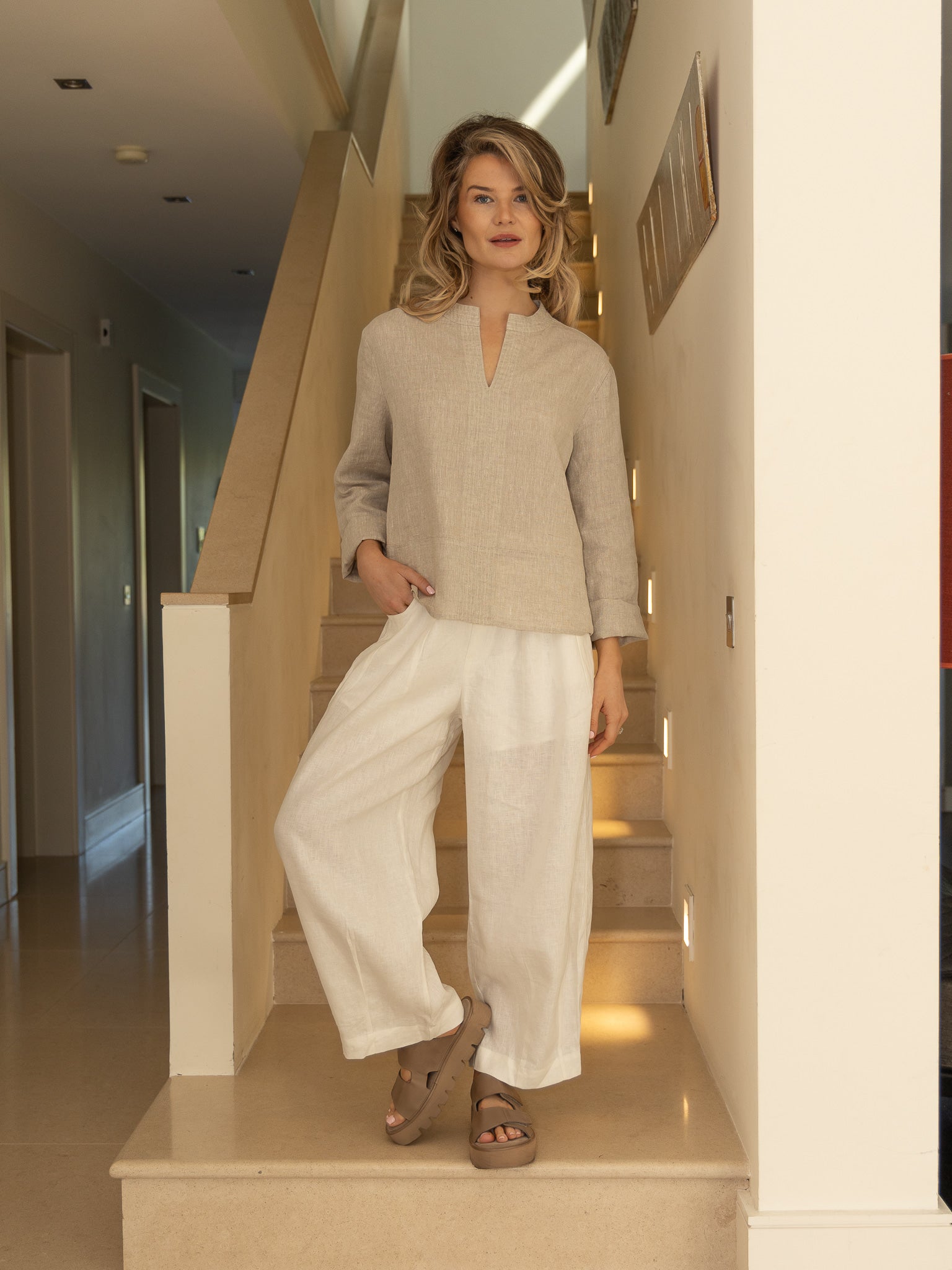 Diffusion by Kate Shirt Maggie Linen Long Sleeve Shirt in Sand
