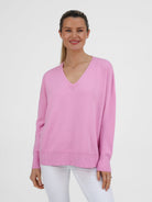 Diffusion by Kate Sweater One Size Sienna V-Neck Sweater In Peony Pink