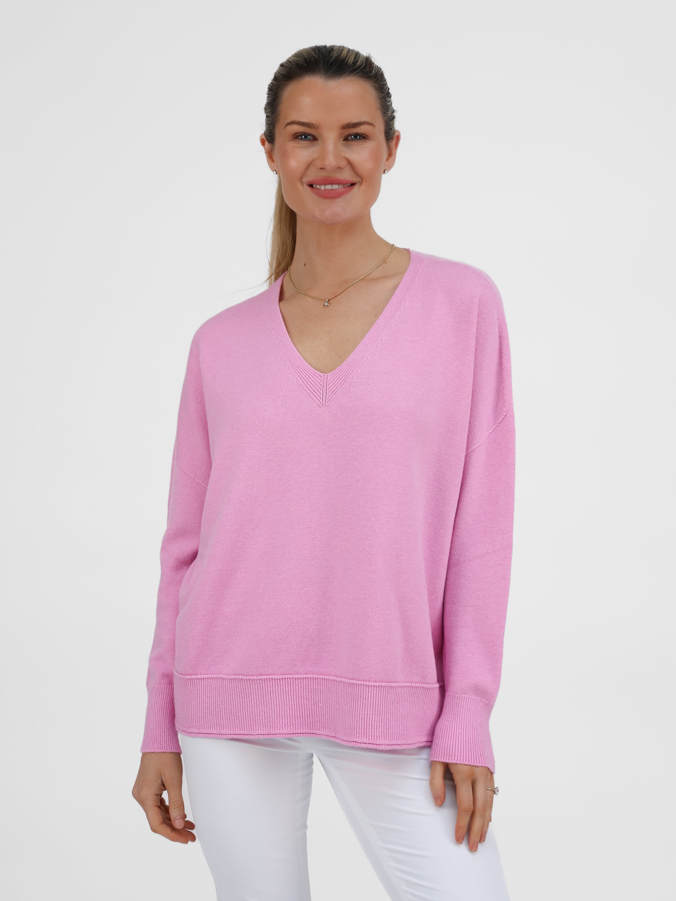 Diffusion by Kate Sweater One Size Sienna V-Neck Sweater In Peony Pink