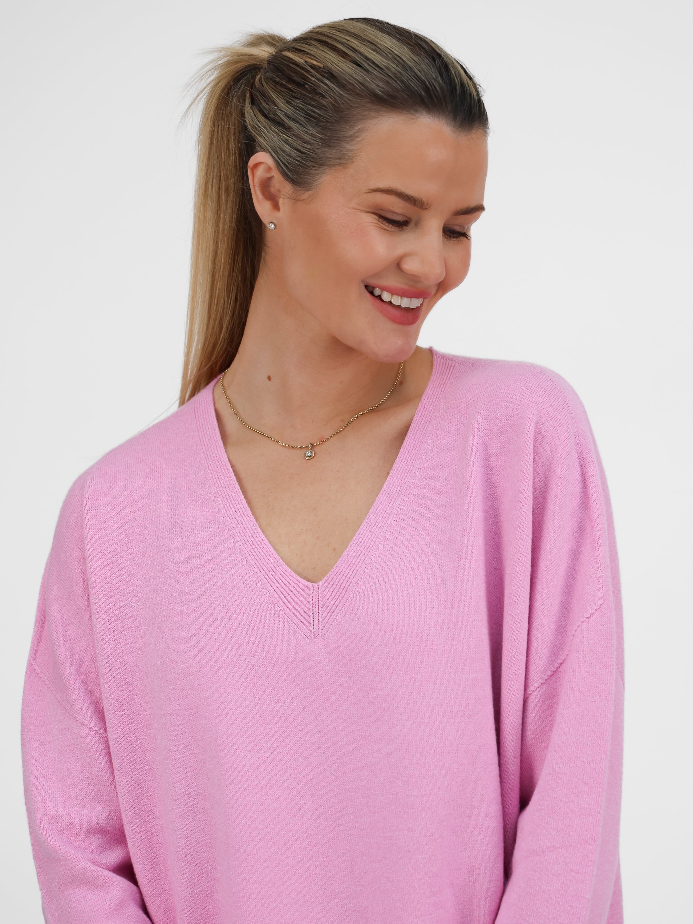 Diffusion by Kate Sweater One Size Sienna V-Neck Sweater In Peony Pink