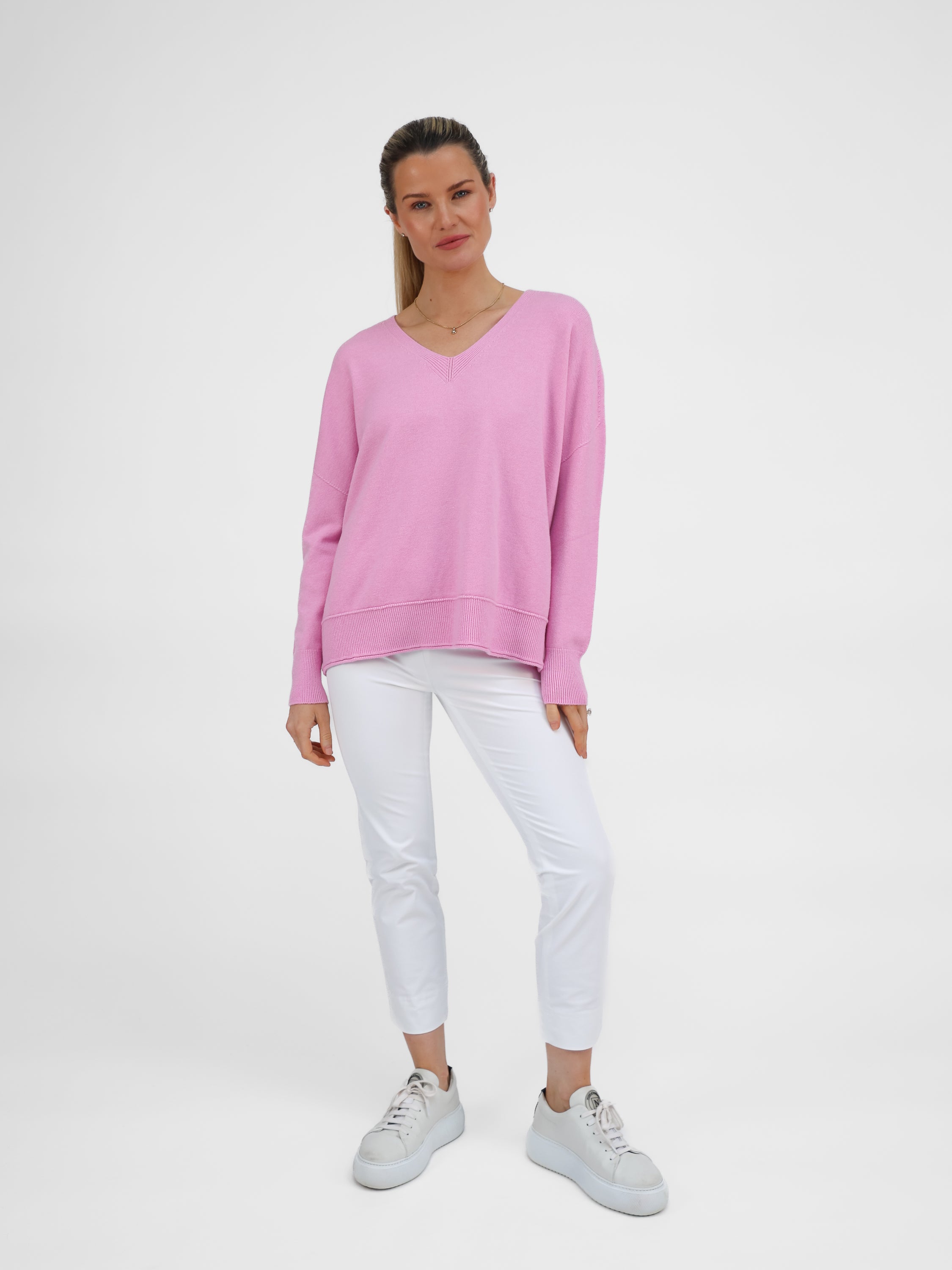 Diffusion by Kate Sweater One Size Sienna V-Neck Sweater In Peony Pink