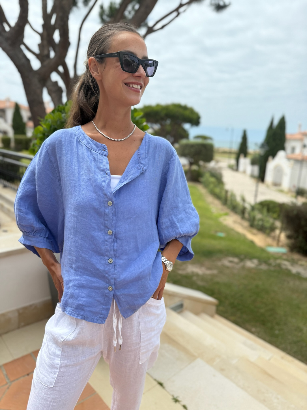 Diffusion By Kate Top One Size Chloe Linen Shirt In Dark Cornflower