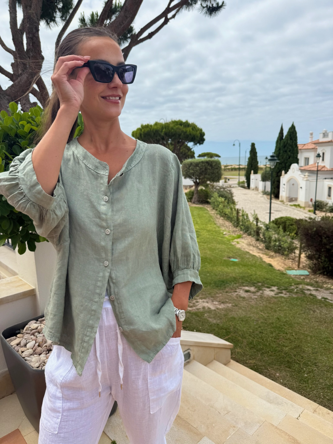 Diffusion By Kate Top One Size Chloe Linen Shirt In Khaki