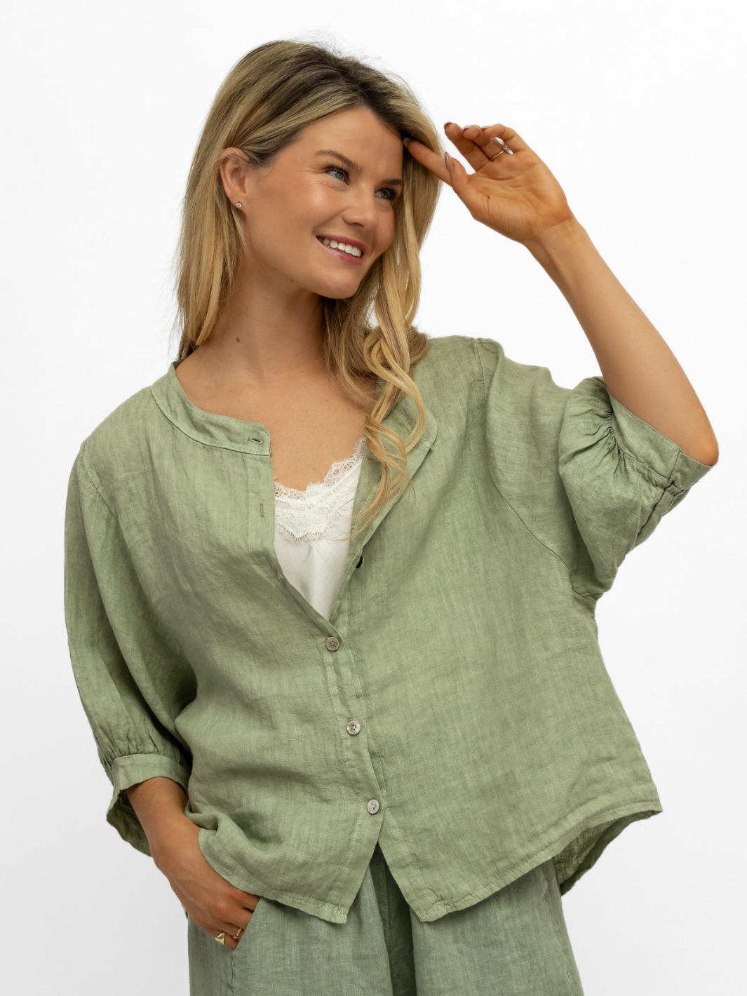 Diffusion By Kate Top One Size Chloe Linen Shirt In Khaki
