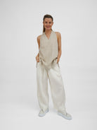 Diffusion by Kate Top One Size Lauren Racer Back Linen Top in Sand