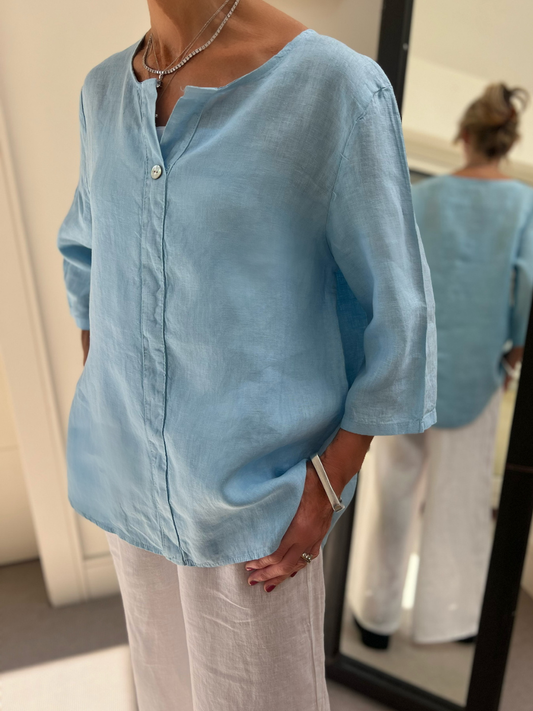 Diffusion by Kate Tops One Size / Blue Lauren Linen Shirt With Buttons In Sky Blue