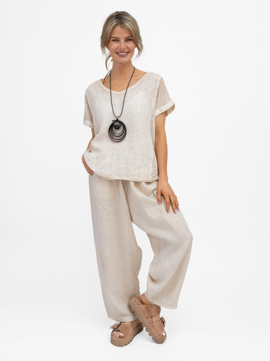 Diffusion By Kate Trousers One Size Barrel Linen Cropped Trousers In Sand