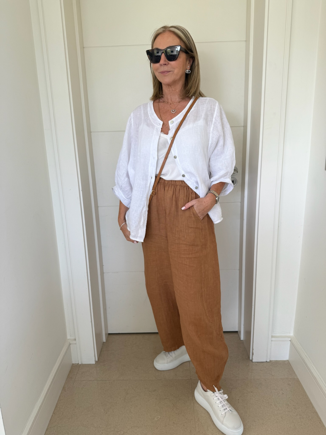 Diffusion By Kate Trousers One Size Barrel Linen Cropped Trousers In Tan